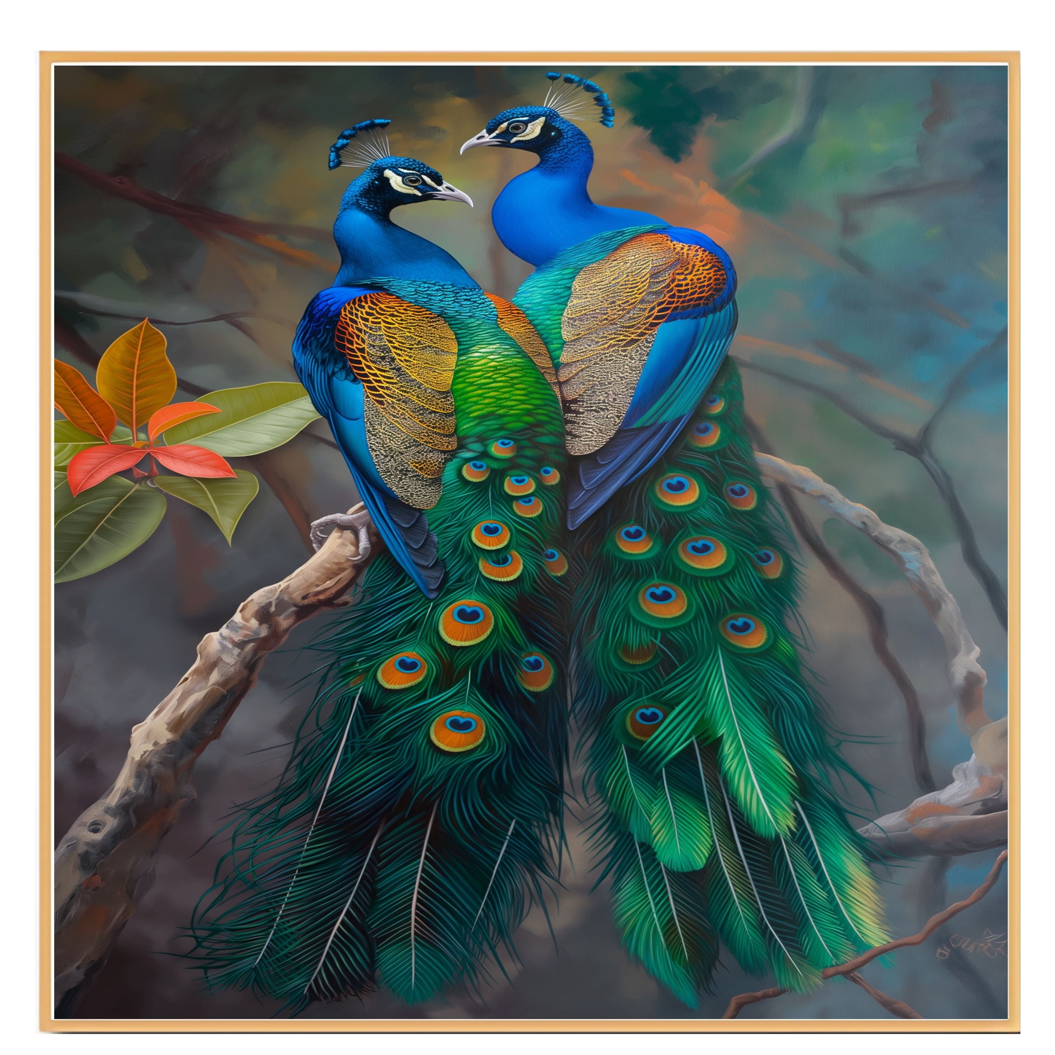 Elegant Peacock Pair Artwork Featuring Lush Green and Blue Feathers with Golden Accents Perched Gracefully Against a Soft Misty Forest Background on Ready to Hang 1.5" Thick Canvas Wrap, Floating Framed Canvas, Flat Rolled Canvas