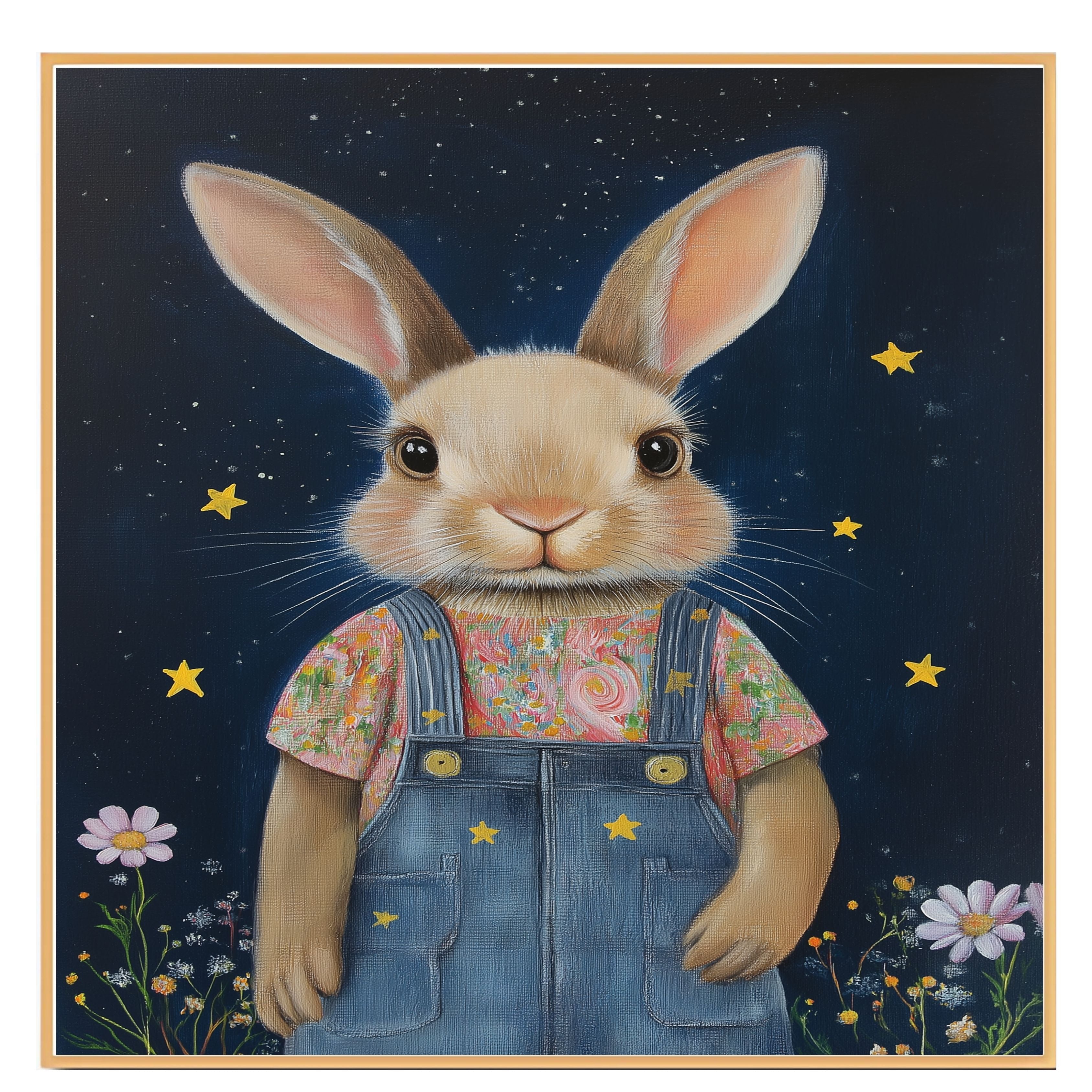 Cute Bunny in Overalls with Floral Shirt Hand Painted Art Whimsical Starry Night Scene Perfect for Home Wall Decor Nursery Kids Room Bedroom or Gift on Ready to Hang 1.5" Thick Canvas Wrap, Floating Framed Canvas, Flat Rolled Canvas