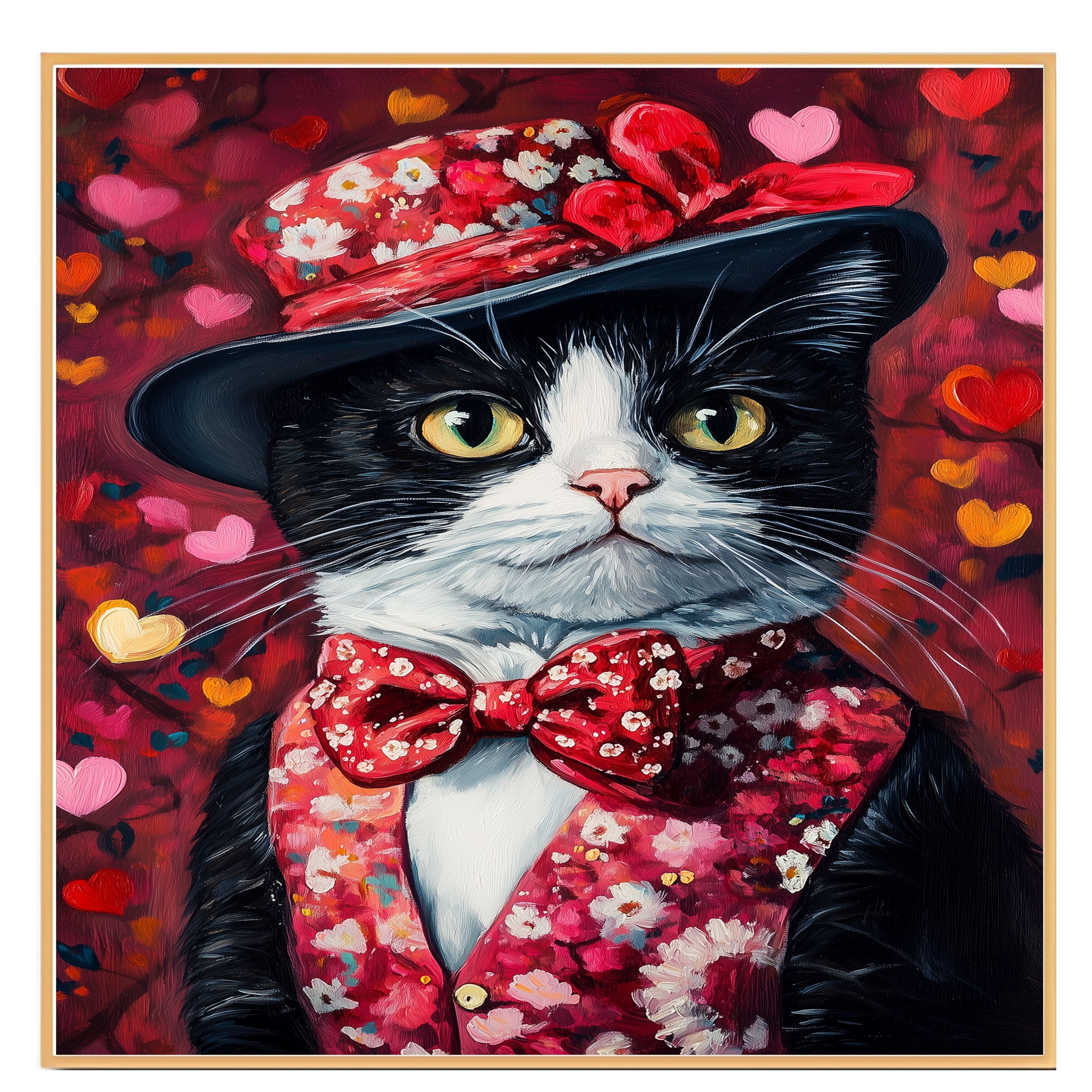 Love & Grace: Tuxedo Cat in a Heart-Adorned Floral Hat and Suit - Sophisticated Valentine's Painting on Ready to Hang 1.5" Thick Canvas Wrap, Floating Framed Canvas, Flat Rolled Canvas