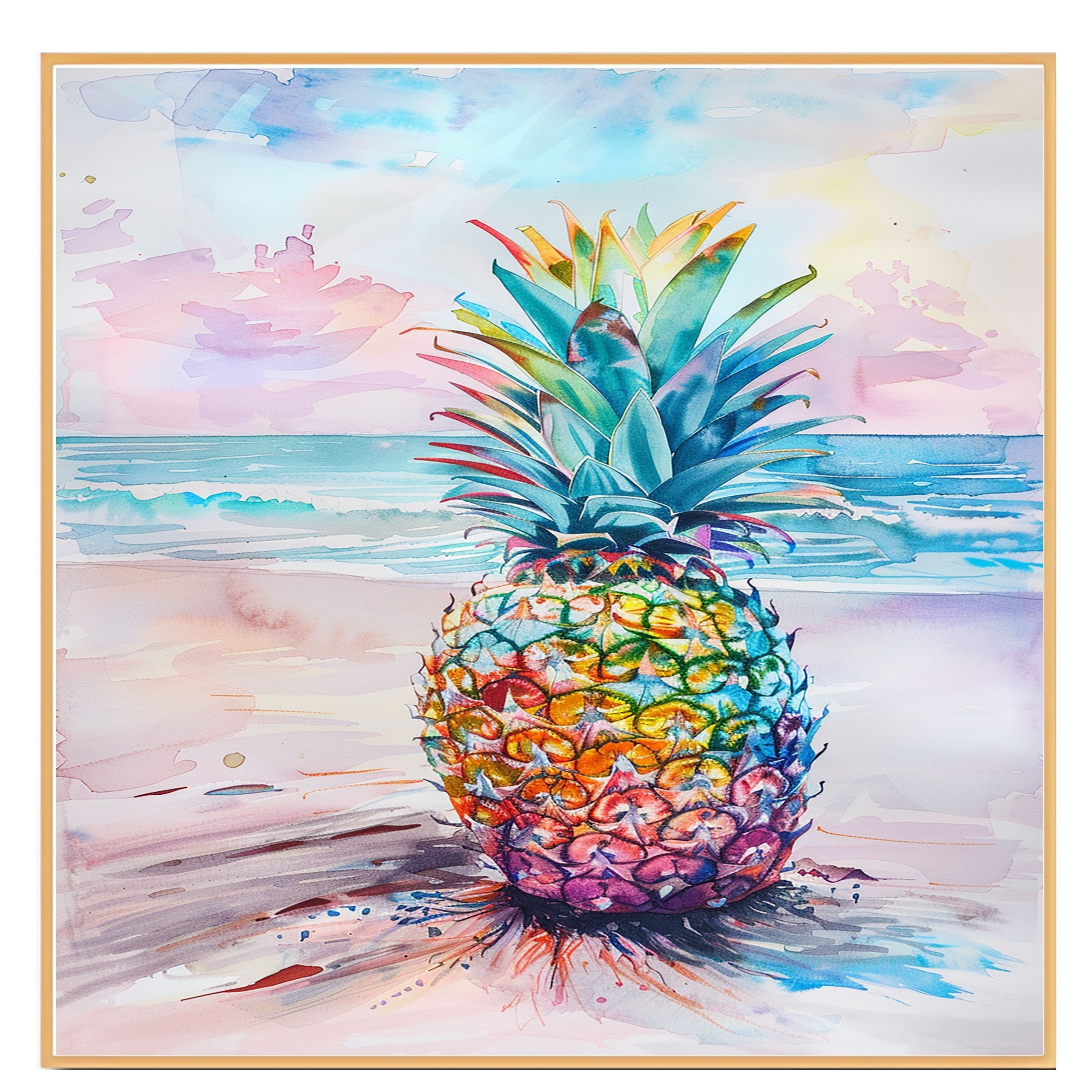 Colorful Pineapple Watercolor Painting with Tropical Beach and Ocean Background on Ready to Hang 1.5" Thick Canvas Wrap, Floating Framed Canvas, Flat Rolled Canvas