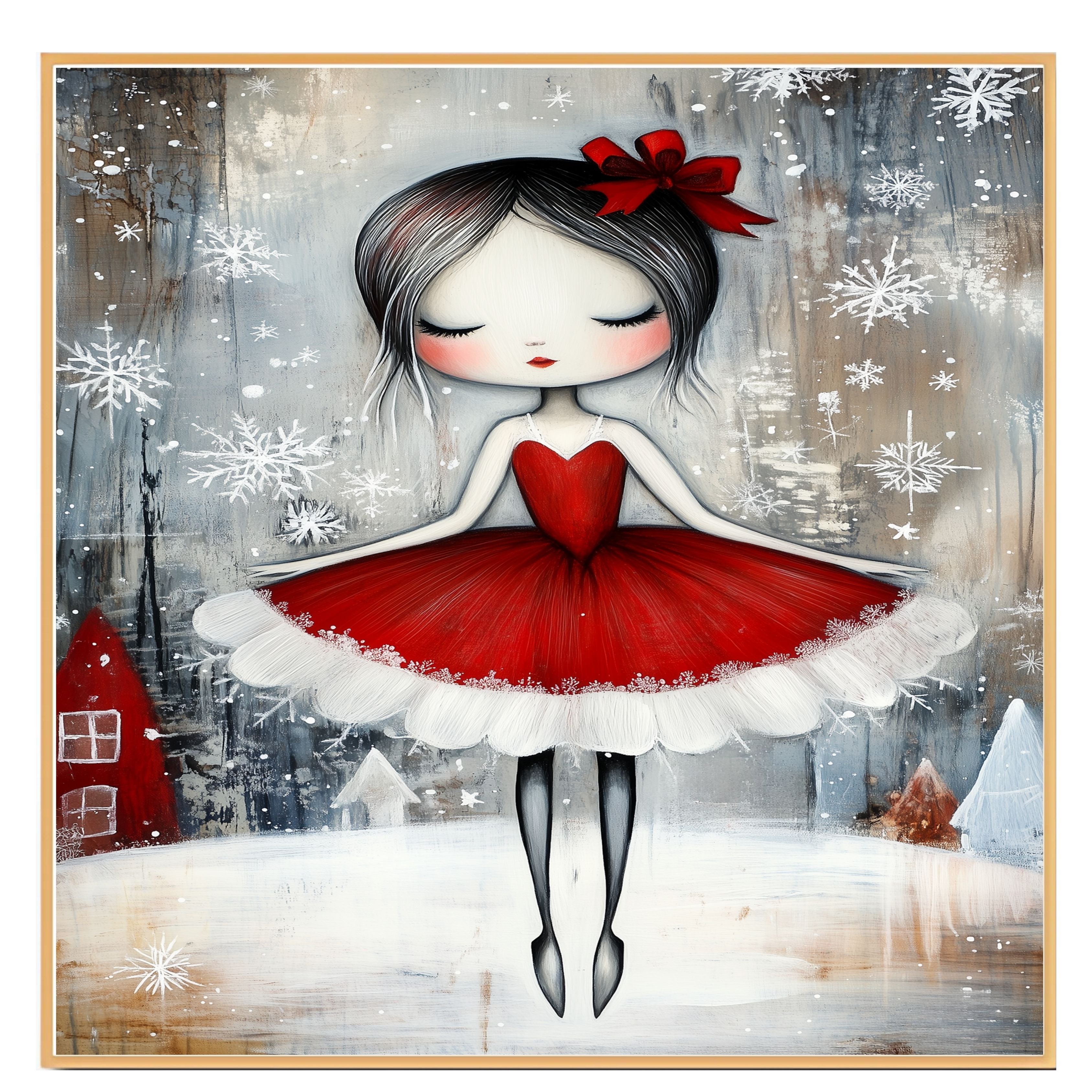 Whimsical Christmas Ballerina in Red Dress Snowy Ballet Dancer Wall Art, Winter Holiday Girl Illustration, Festive Nursery or Ballet Lover Decor Print on Ready to Hang 1.5" Thick Canvas Wrap, Floating Framed Canvas, Flat Rolled Canvas