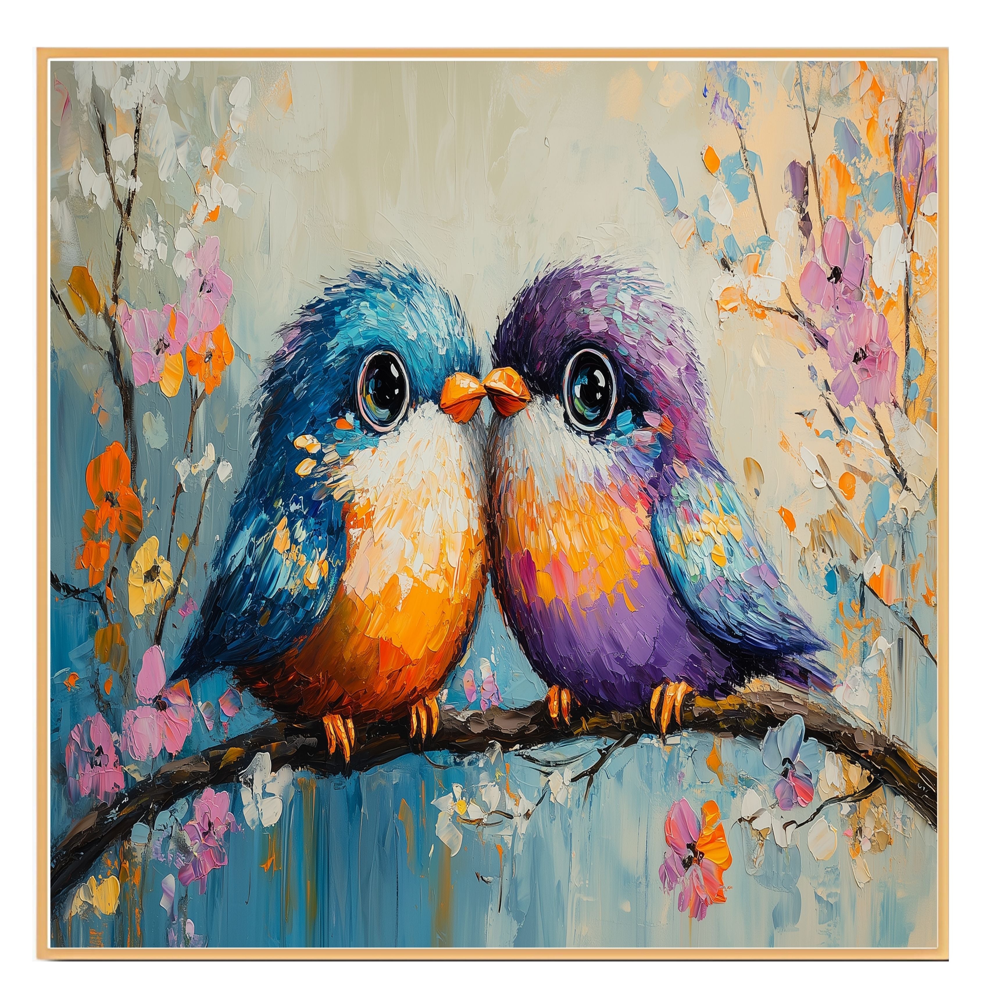 Painting of Two Plump Birds Touching Beaks While Sitting on a Blooming Branch Surrounded by Bright Spring Flowers with Vivid Feathers and Big Shiny Eyes on Ready to Hang 1.5" Thick Canvas Wrap, Floating Framed Canvas, Flat Rolled Canvas