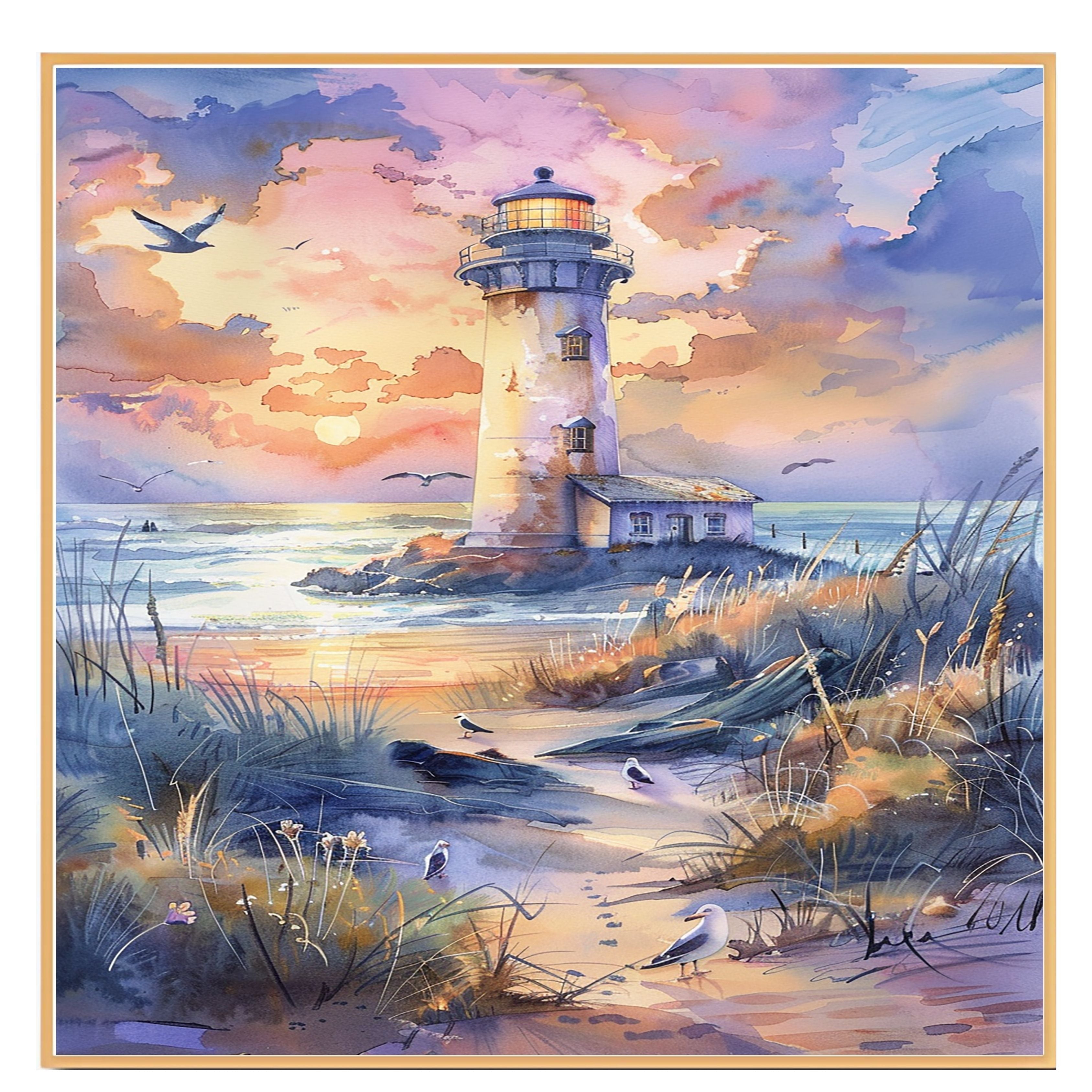 Charming Lighthouse by Ocean Shore at Sunset with Beach Path Seabirds and Colorful Sky in Serene Watercolor Scene on Ready to Hang 1.5" Thick Canvas Wrap, Floating Framed Canvas, Flat Rolled Canvas