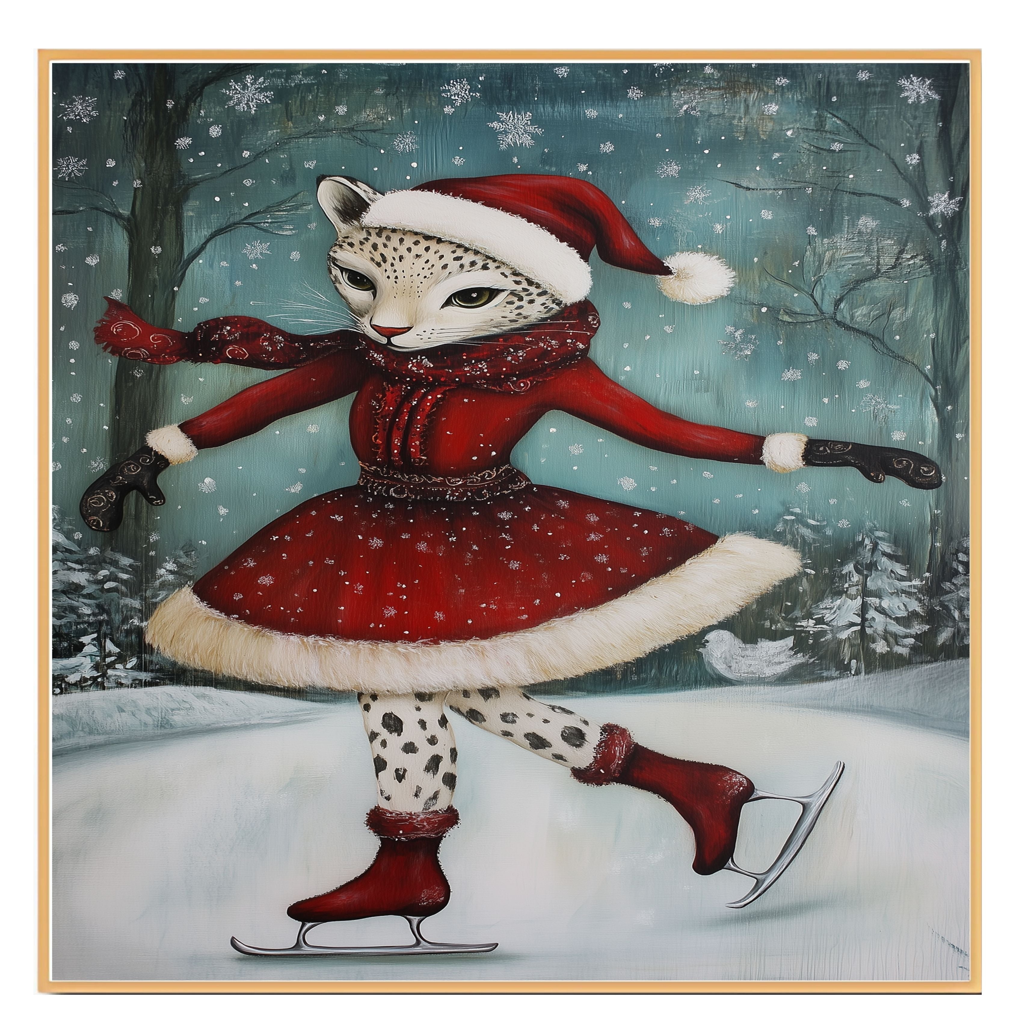 Graceful Christmas Cougar Ice Skating in Red Dress Whimsical Holiday Big Cat Art in Snowy Forest for Winter Decor and Festive Animal-Themed Home Styling on Ready to Hang 1.5" Thick Canvas Wrap, Floating Framed Canvas, Flat Rolled Canvas