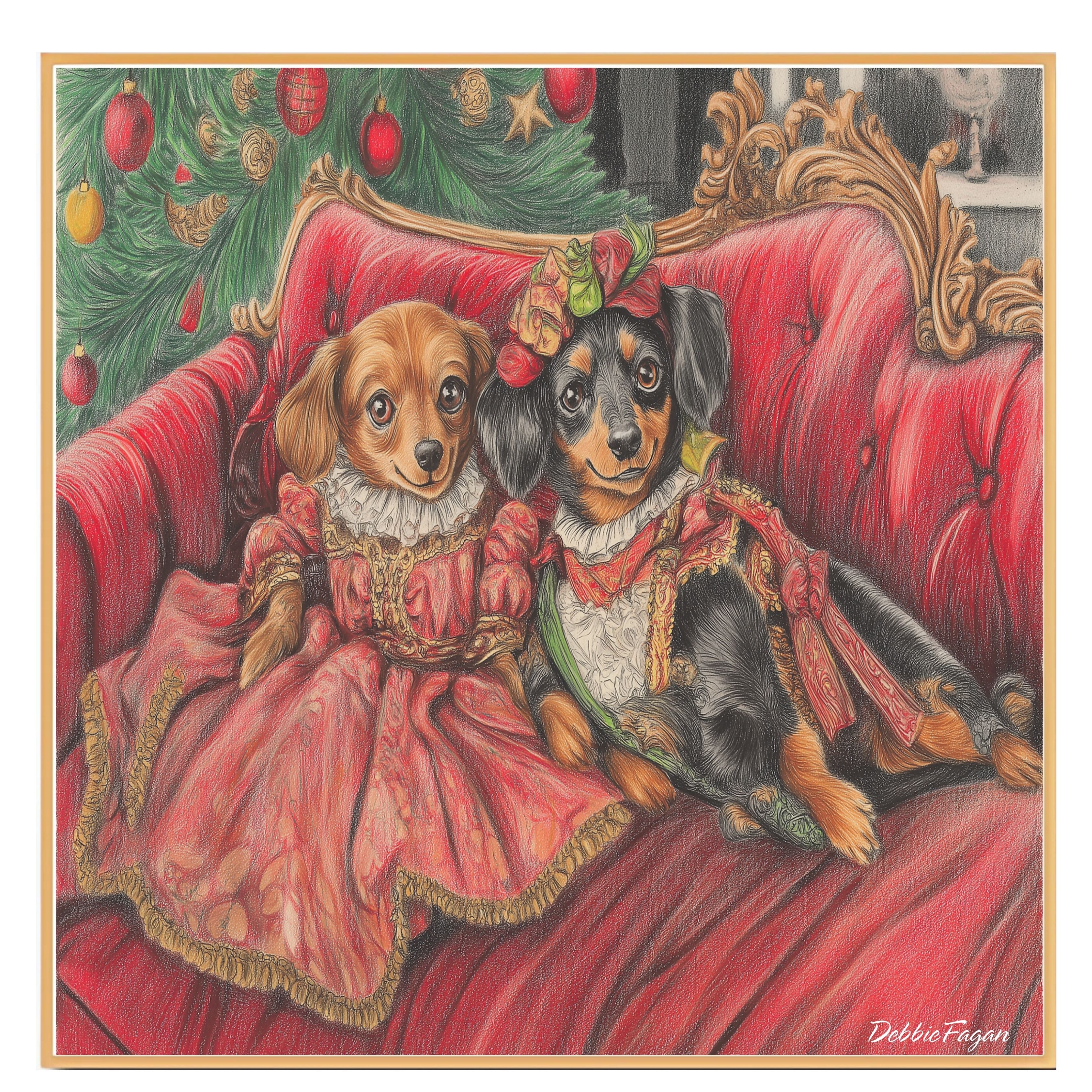 Christmas Canvas - "Stylish Doxies in Victorian Elegance" - Charming Dachshunds Dressed in Vintage Attire on Couch on Ready to Hang 1.5" Thick Canvas Wrap, Floating Framed Canvas, Flat Rolled Canvas