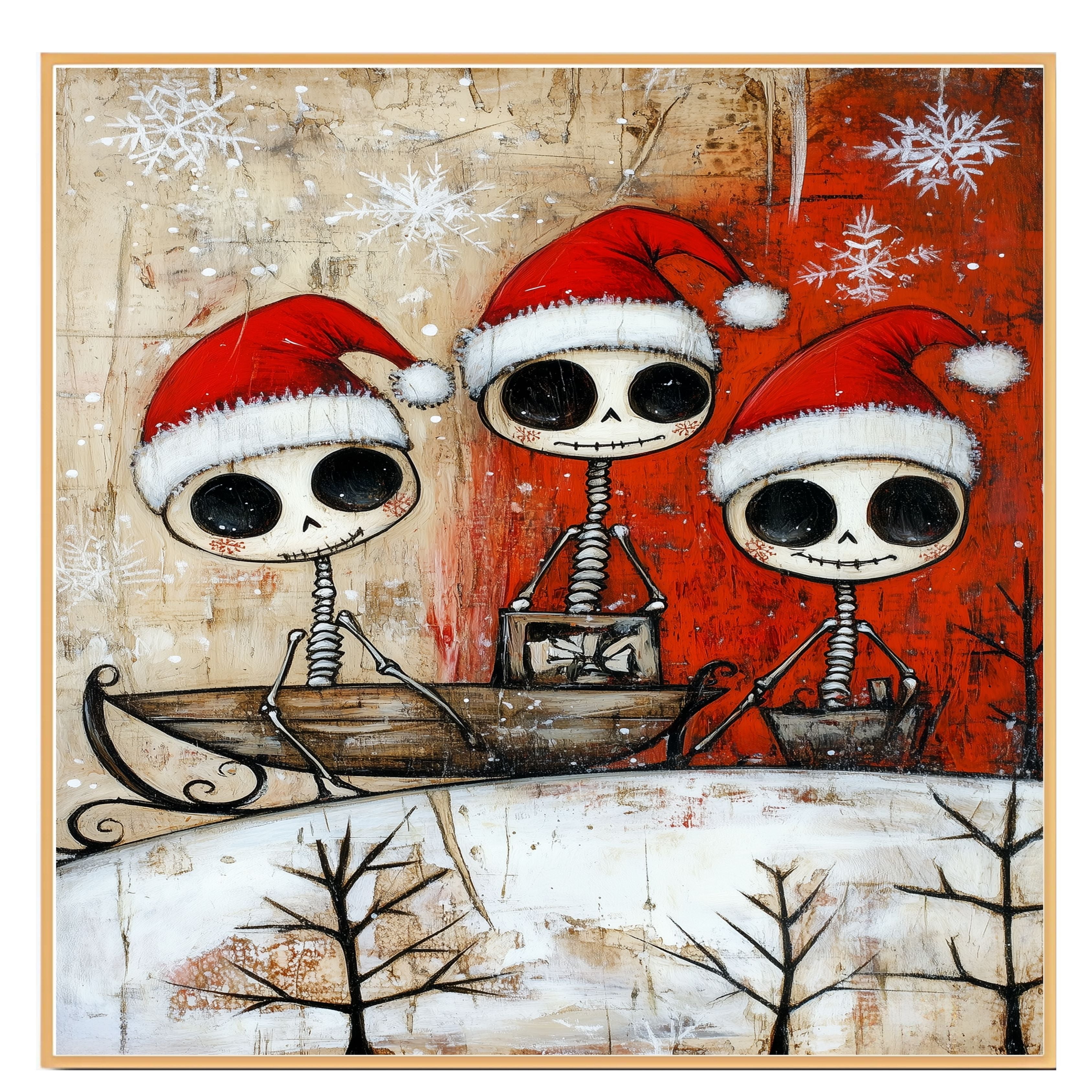 Cute Skeleton Trio Sleigh Ride Christmas Art Print – Whimsical Gothic Holiday Decor with Santa Hats & Gifts, Alternative Winter Wall Art for Spooky Season Lovers on Ready to Hang 1.5" Thick Canvas Wrap, Floating Framed Canvas, Flat Rolled Canvas