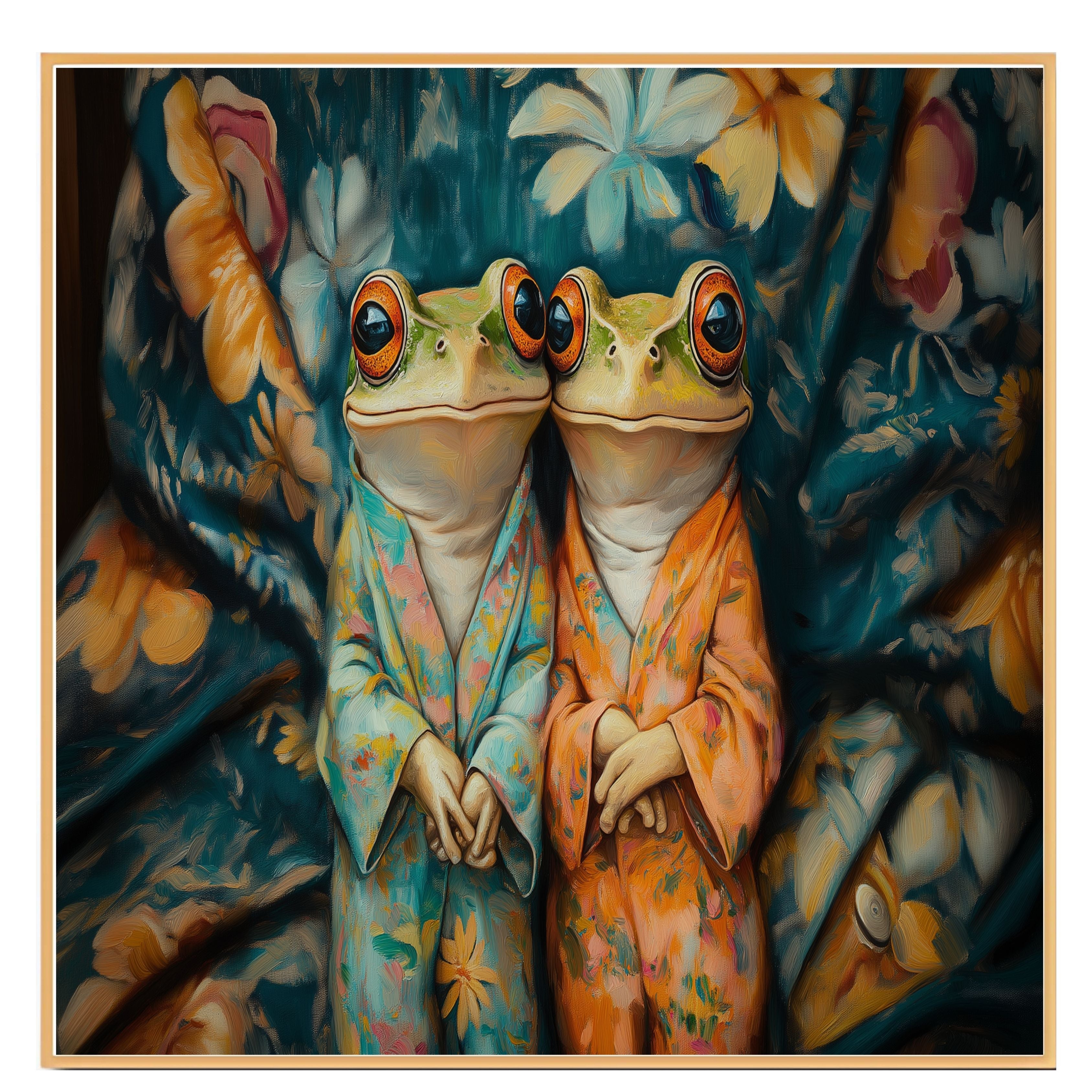 Elegant Painting of Two Frogs in Floral Pajamas Sitting Together with Gentle Expressions on a Bold Botanical Background in Teal and Warm Orange Hues on Ready to Hang 1.5" Thick Canvas Wrap, Floating Framed Canvas, Flat Rolled Canvas