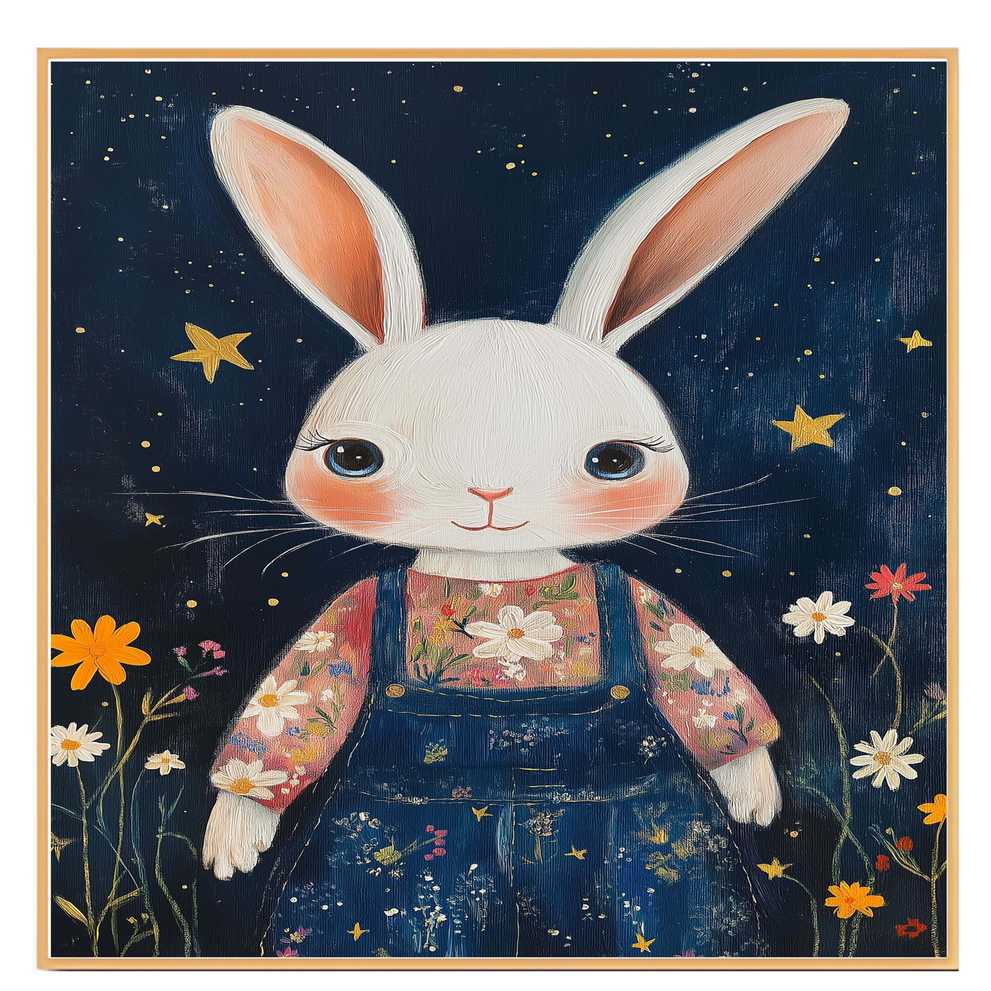 Adorable White Bunny in Floral Shirt and Overalls Hand Painted Art Whimsical Night Sky Scene Perfect for Nursery Kids Room Wall Decor Bedroom or Gift on Ready to Hang 1.5" Thick Canvas Wrap, Floating Framed Canvas, Flat Rolled Canvas