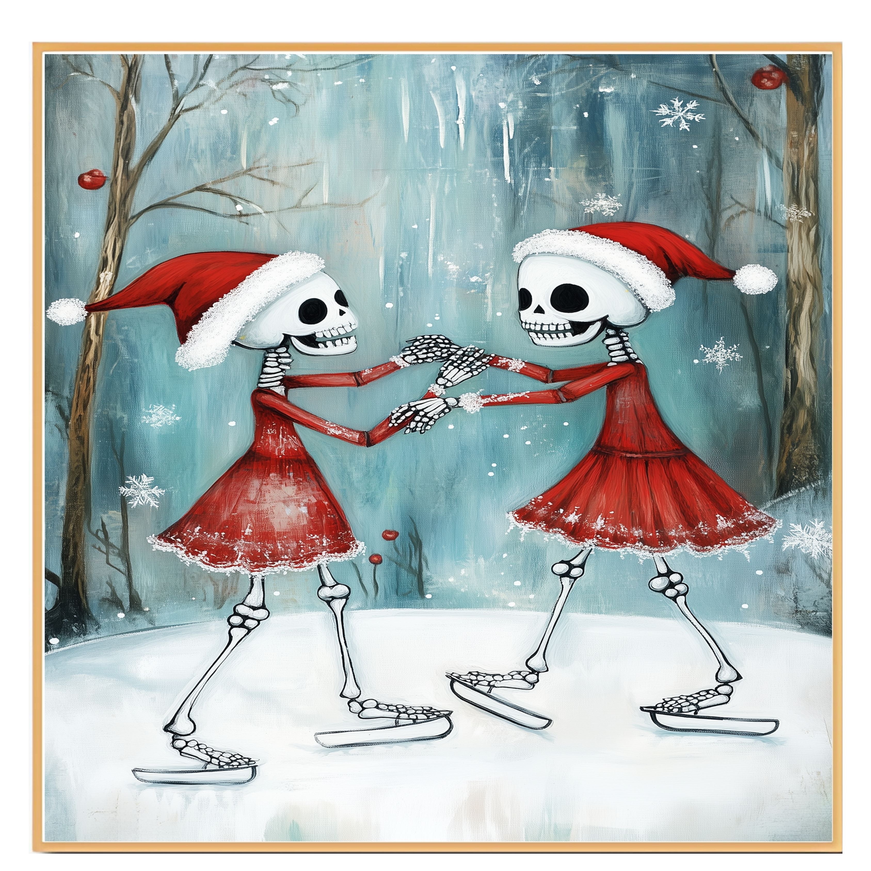 Whimsical Skeleton Ice Skating Christmas Art – Festive Gothic Winter Decor with Dancing Skeletons in Red Dresses and Santa Hats, Spooky Cute Holiday Wall Print on Ready to Hang 1.5" Thick Canvas Wrap, Floating Framed Canvas, Flat Rolled Canvas