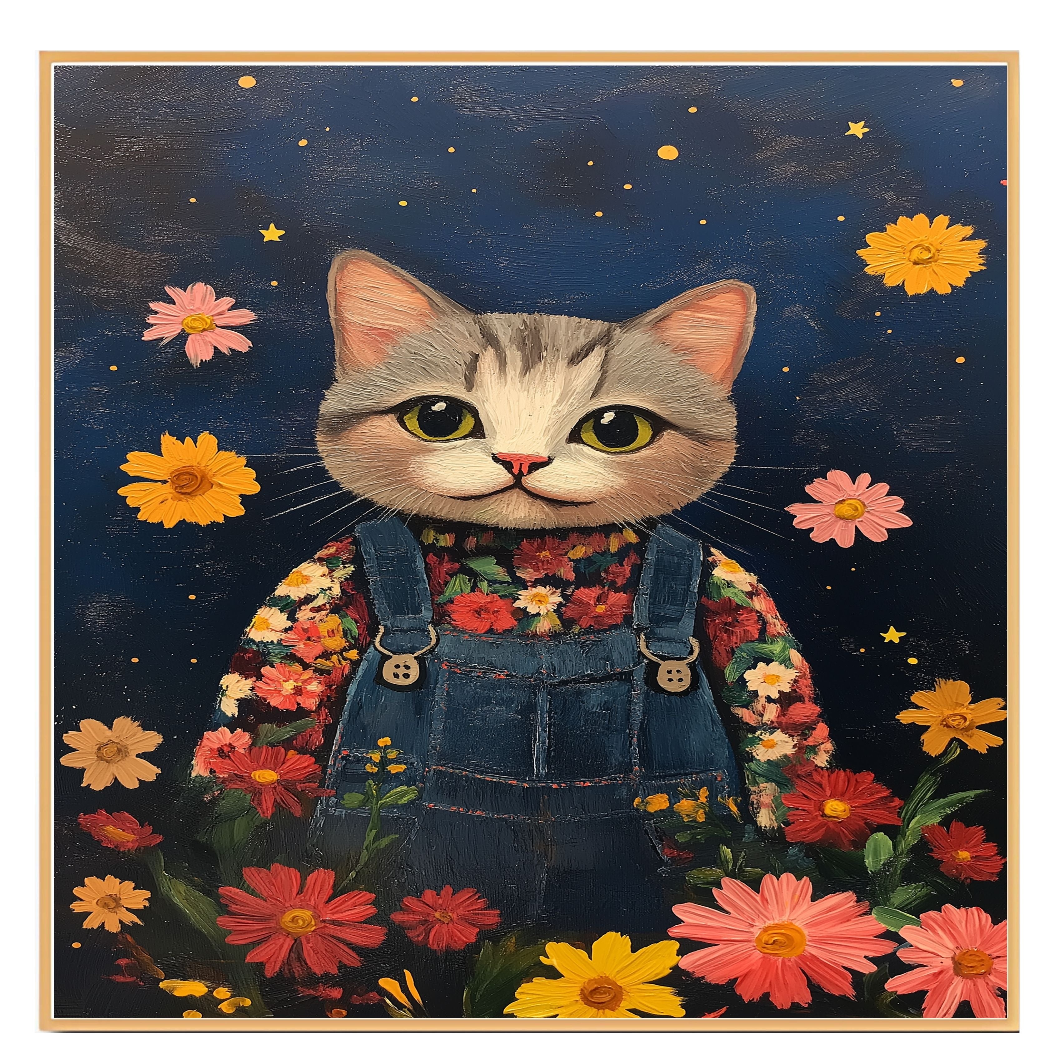 Adorable Gray Tabby Cat in Overalls Hand Painted Floral Art Whimsical Night Scene Perfect for Nursery Kids Room Bedroom Wall Decor or Gifts for Cat Lovers on Ready to Hang 1.5" Thick Canvas Wrap, Floating Framed Canvas, Flat Rolled Canvas