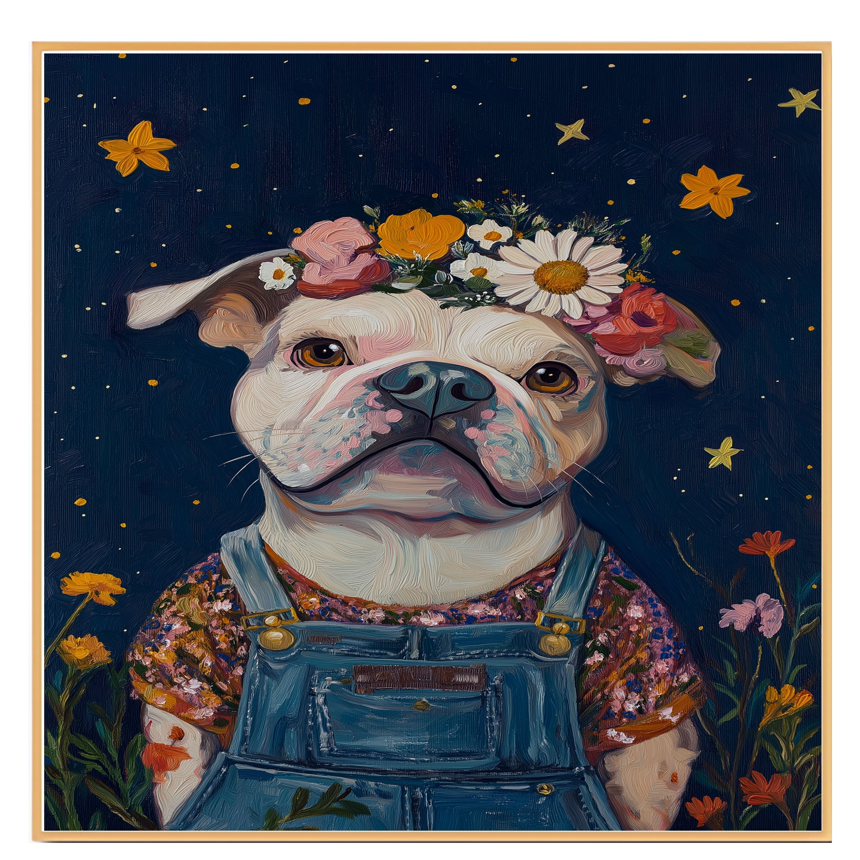 Cute Plump Dog in Overalls Painting Adorable Floral Crown Pup Artwork Perfect for Cozy Home Office Nursery Dog Lovers Wall Decor Gift for Pet and Art Enthusiasts on Ready to Hang 1.5" Thick Canvas Wrap, Floating Framed Canvas, Flat Rolled Canvas