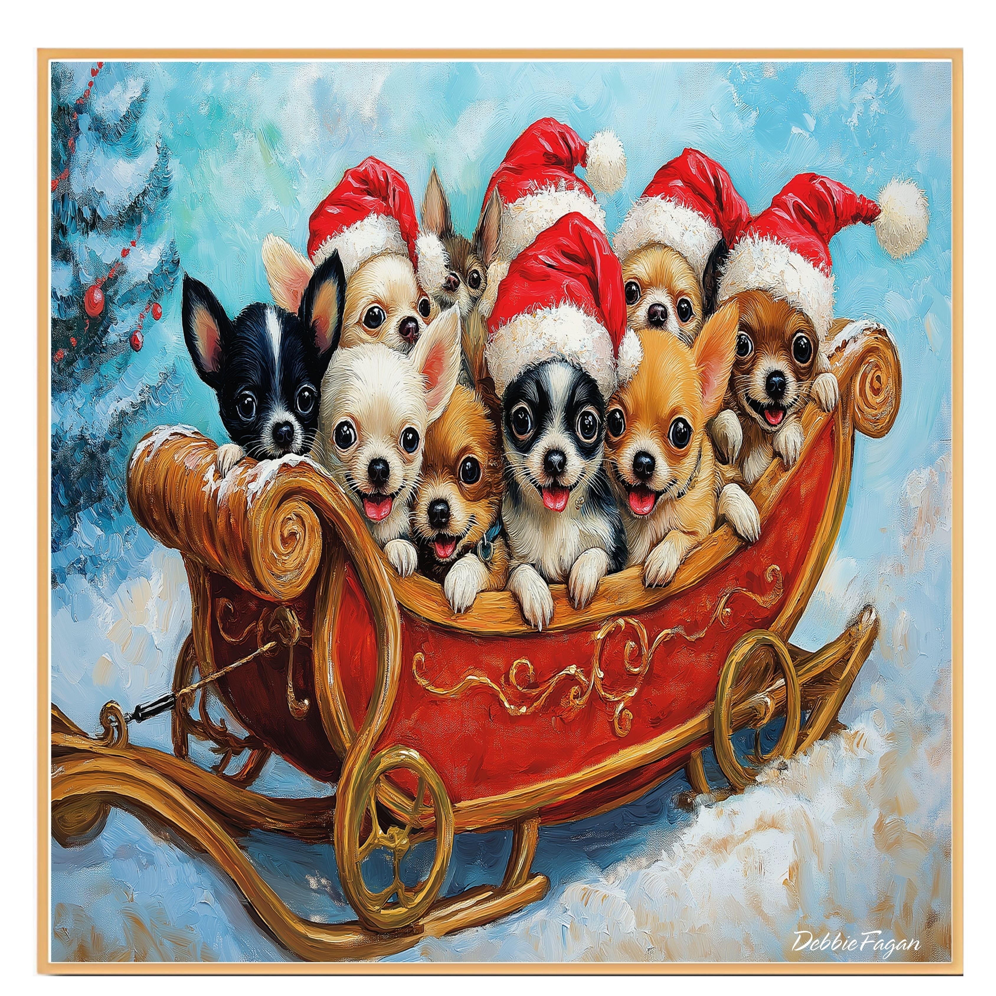 Dog Christmas Canvas  - "Sleighing the Season" - Adorable Puppies in Santa Hats on a Festive Sleigh in Winter Snow on Ready to Hang 1.5" Thick Canvas Wrap, Floating Framed Canvas, Flat Rolled Canvas