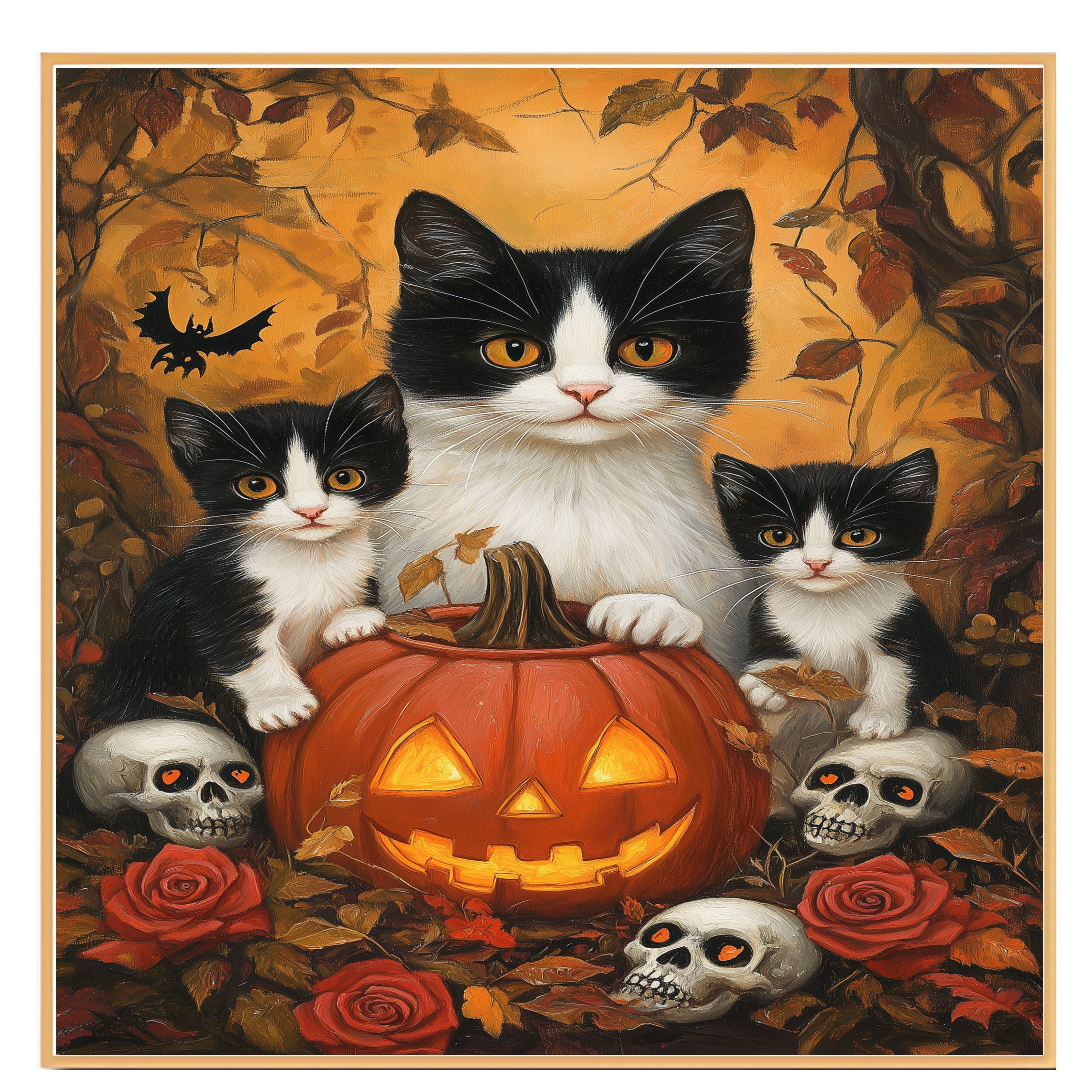 Haunted Forest Whispers: Tuxedo Cat Mom and Two Kittens with Pumpkin and Skeleton on Ready to Hang 1.5" Thick Canvas Wrap, Floating Framed Canvas, Flat Rolled Canvas