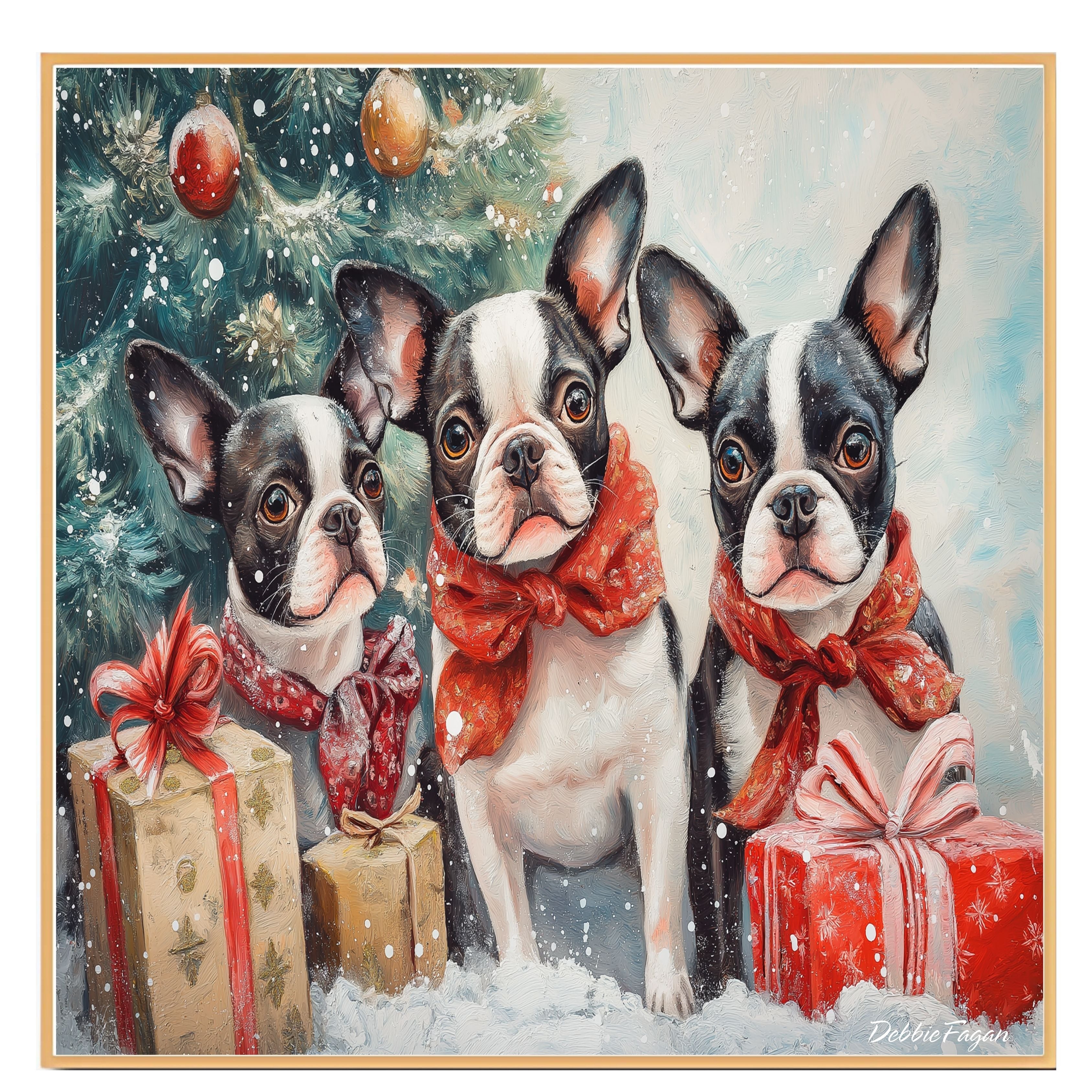 "Frenchie Winter Wonderland" - French Bulldogs Playing in the Snow Among Christmas Trees and Gifts on Ready to Hang 1.5" Thick Canvas Wrap, Floating Framed Canvas, Flat Rolled Canvas