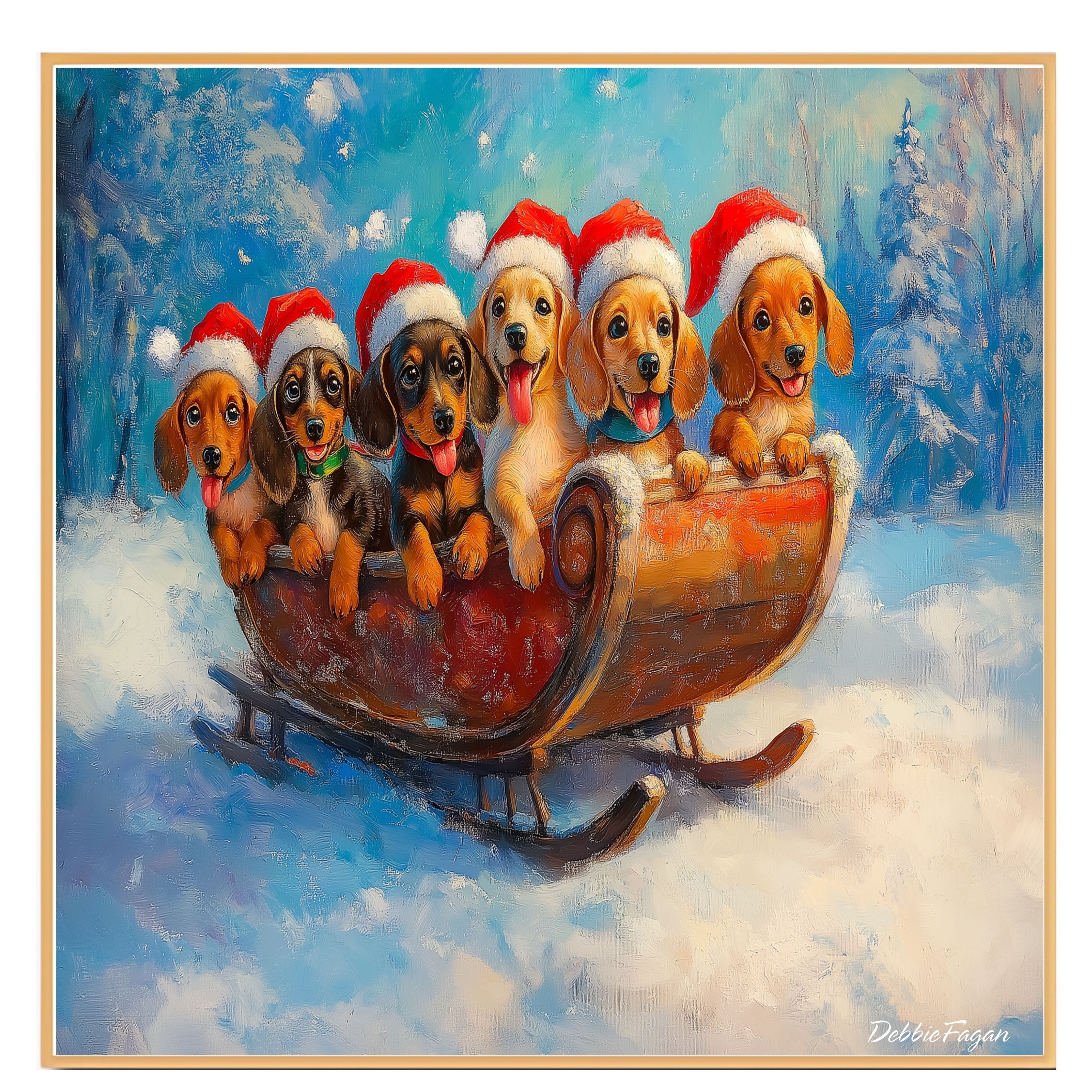 "Dachshund Sleigh Ride" - Adorable Doxie in Santa Hats Enjoying a Joyful Journey Through a Snowy Winter Forest on Ready to Hang 1.5" Thick Canvas Wrap, Floating Framed Canvas, Flat Rolled Canvas