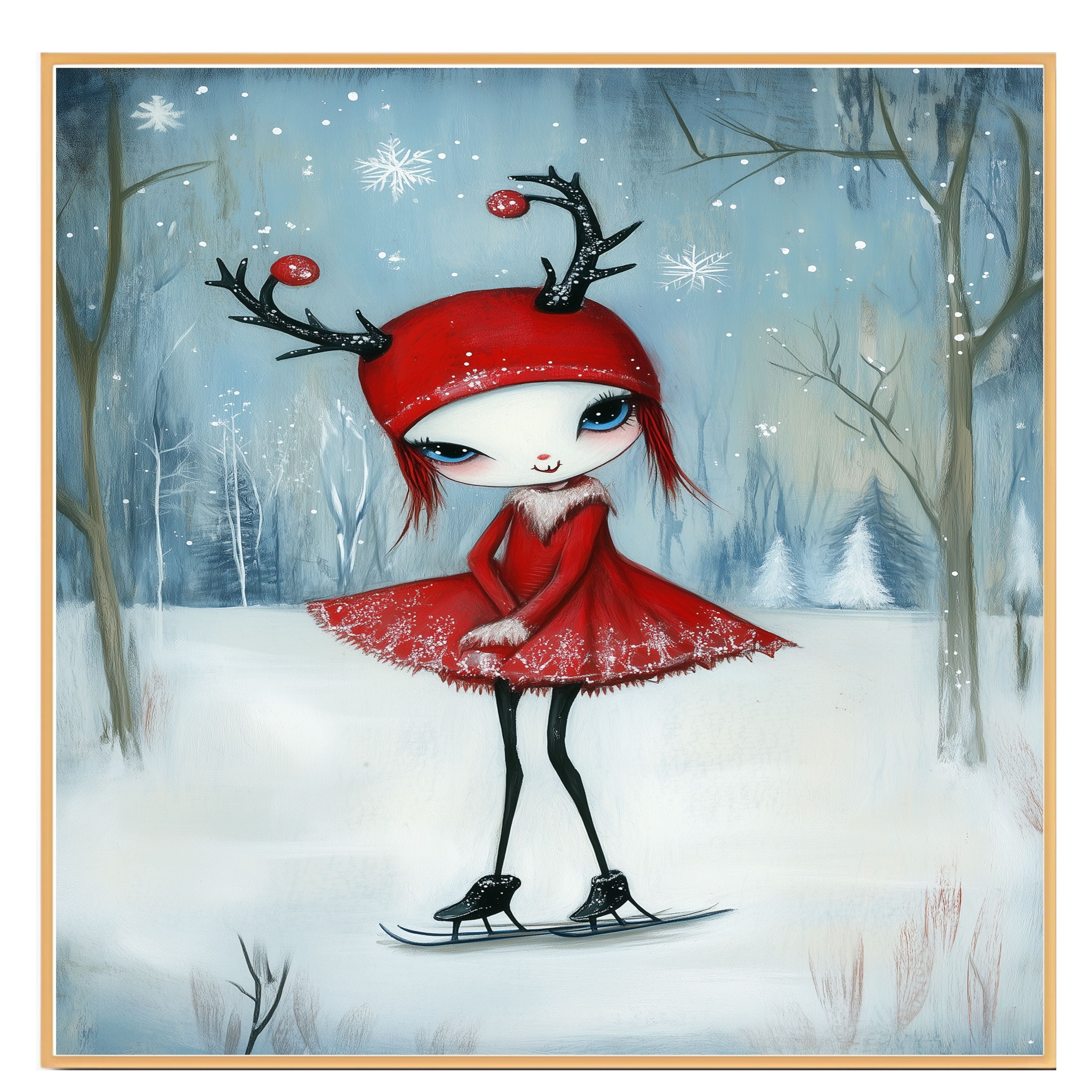 Whimsical Christmas Girl Ice Skating in Red Antler Hat and Dress Cute Fantasy Winter Art Print or Canvas for Holiday Decor and Collectors on Ready to Hang 1.5" Thick Canvas Wrap, Floating Framed Canvas, Flat Rolled Canvas
