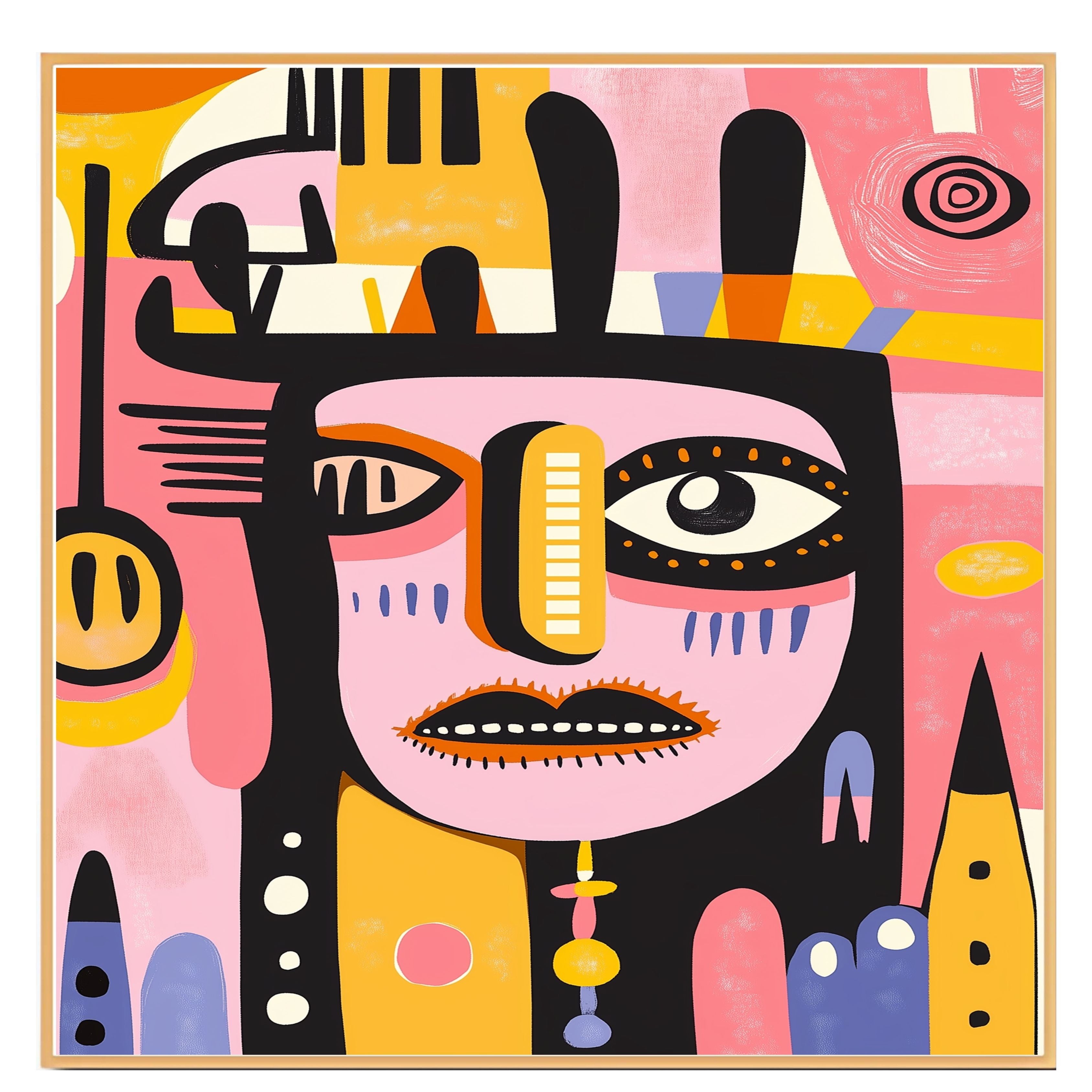 Bold Abstract Face Illustration with Pink and Yellow Tones in Mid-Century Modern and Tribal Pop Art Style on Ready to Hang 1.5" Thick Canvas Wrap, Floating Framed Canvas, Flat Rolled Canvas