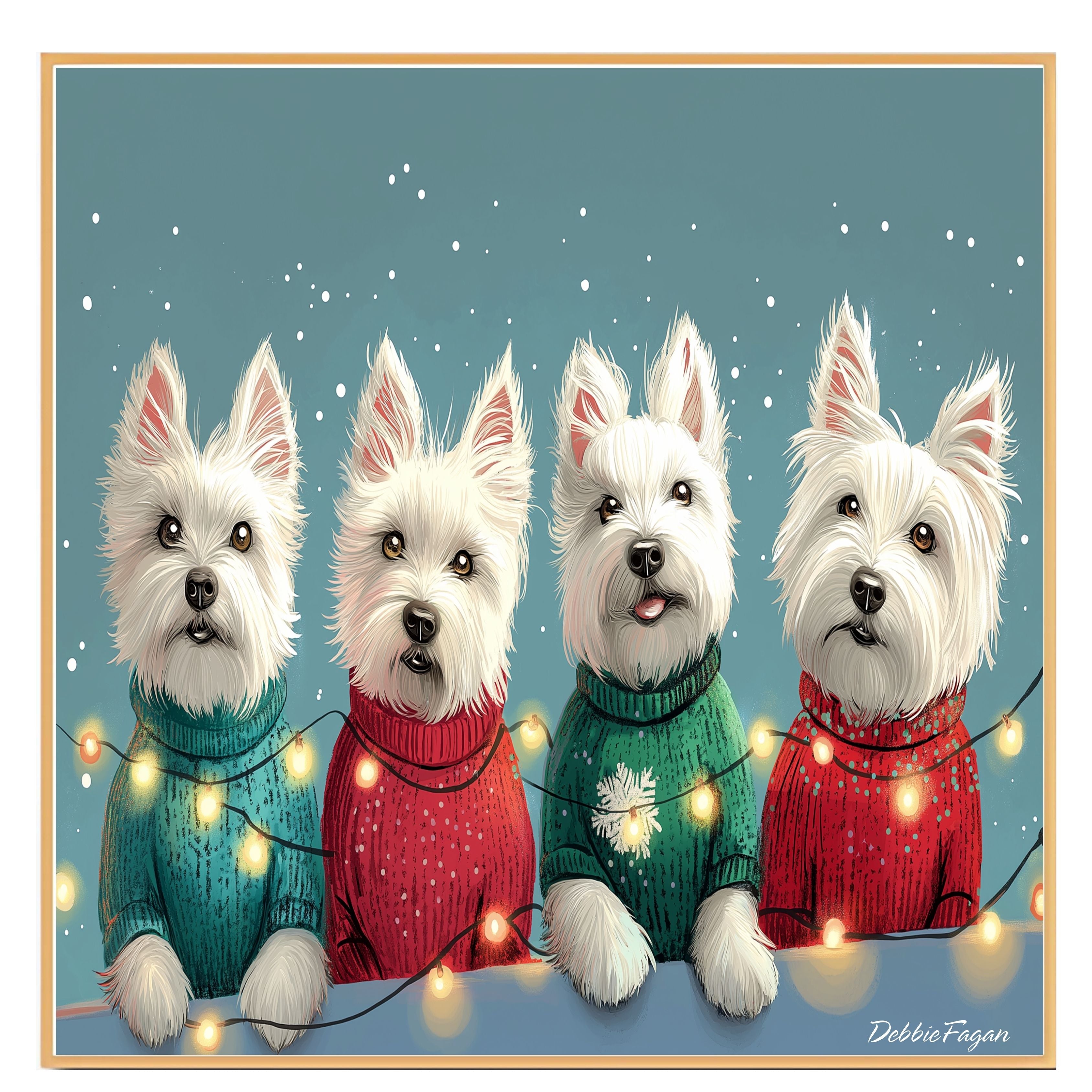 Dog Christmas Canvas  - "Westie Wonderland" - West Highland Terriers in Festive Sweaters Wrapped in Christmas Lights on Ready to Hang 1.5" Thick Canvas Wrap, Floating Framed Canvas, Flat Rolled Canvas