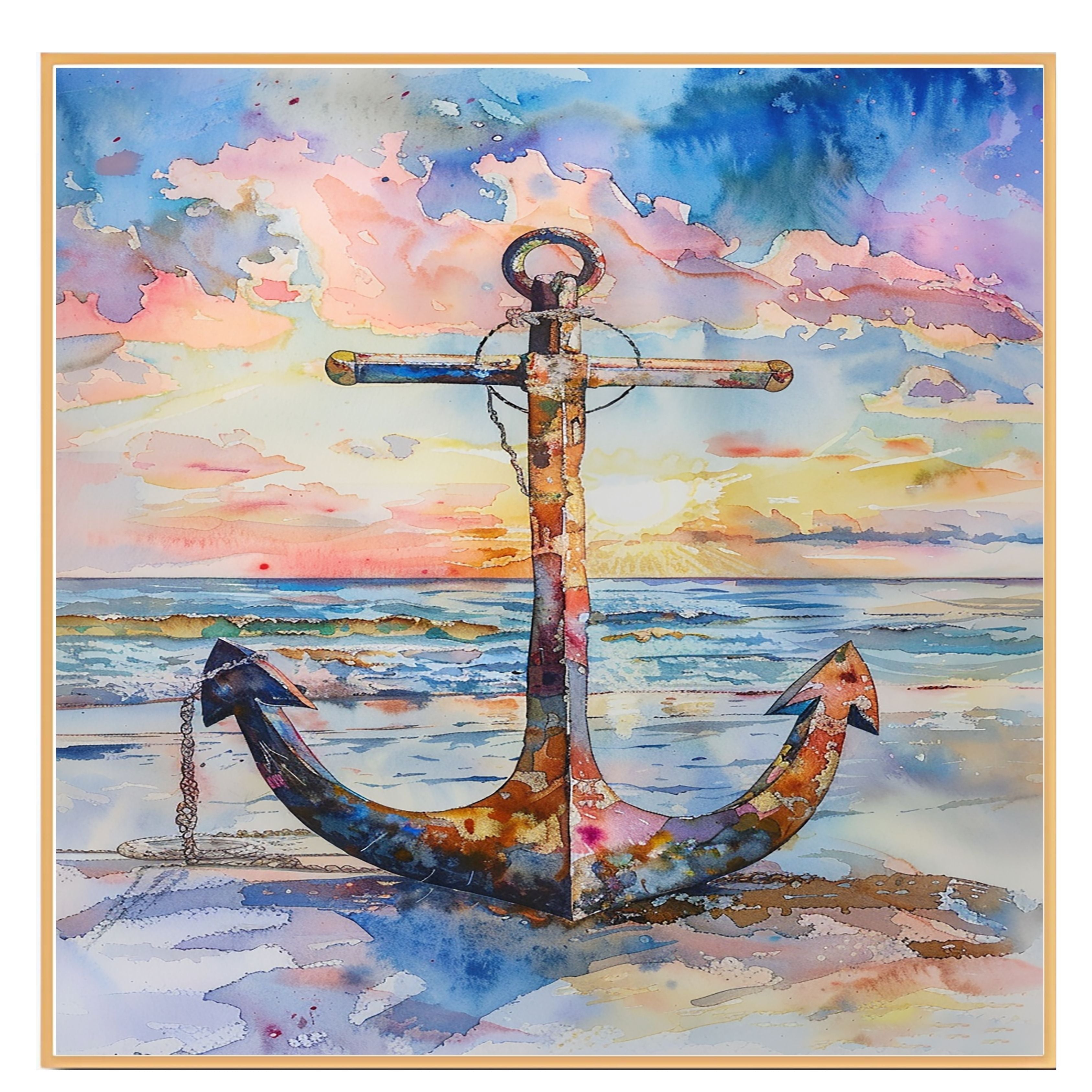 Watercolor Painting of a Multicolored Anchor on the Beach at Sunset with Ocean Waves and Vibrant Sky Background on Ready to Hang 1.5" Thick Canvas Wrap, Floating Framed Canvas, Flat Rolled Canvas