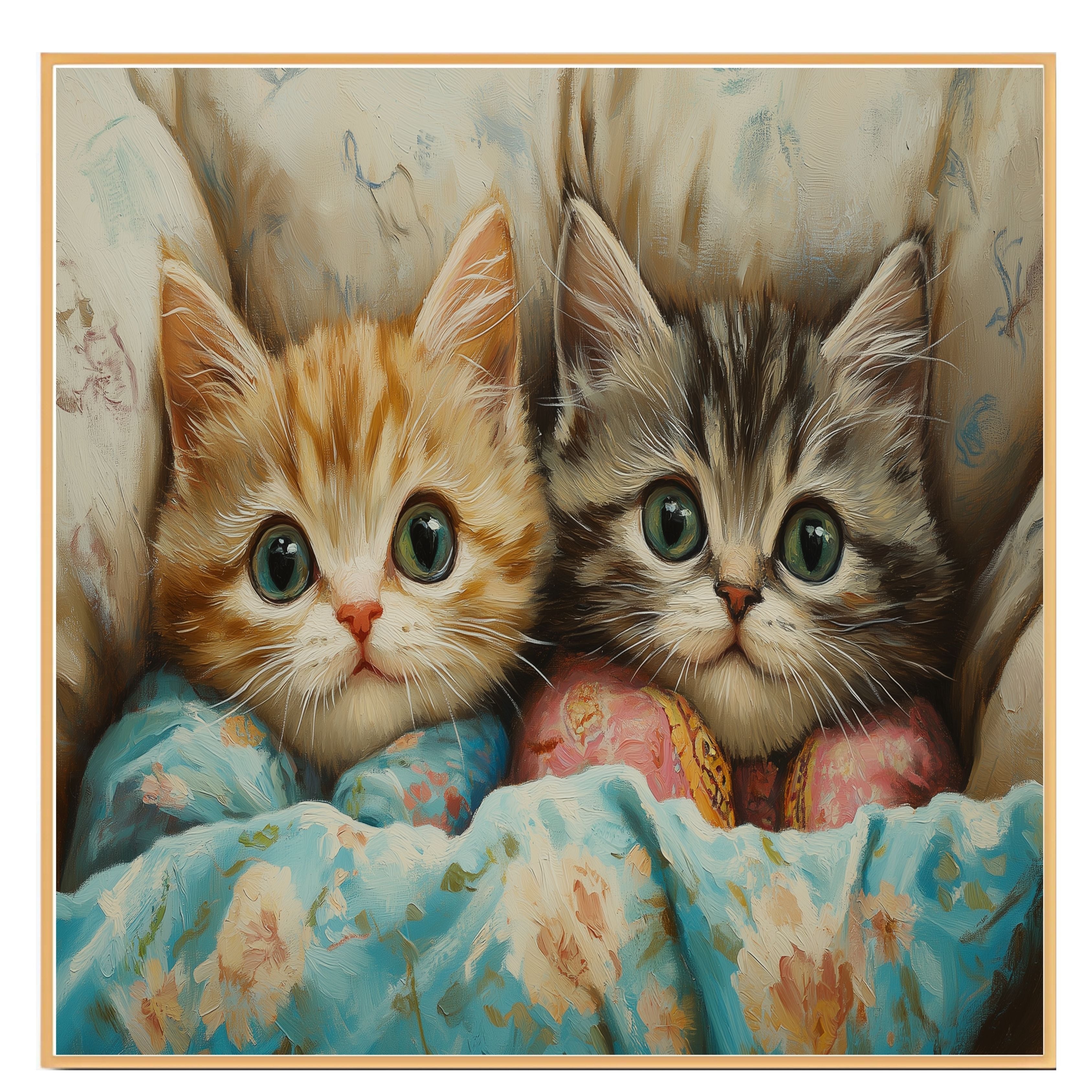 Painting of Two Cute Kittens Snuggled in Colorful Floral Blankets with Big Eyes and Soft Fur in a Cozy Bed Surrounded by Pillows in a Warm Whimsical Setting on Ready to Hang 1.5" Thick Canvas Wrap, Floating Framed Canvas, Flat Rolled Canvas