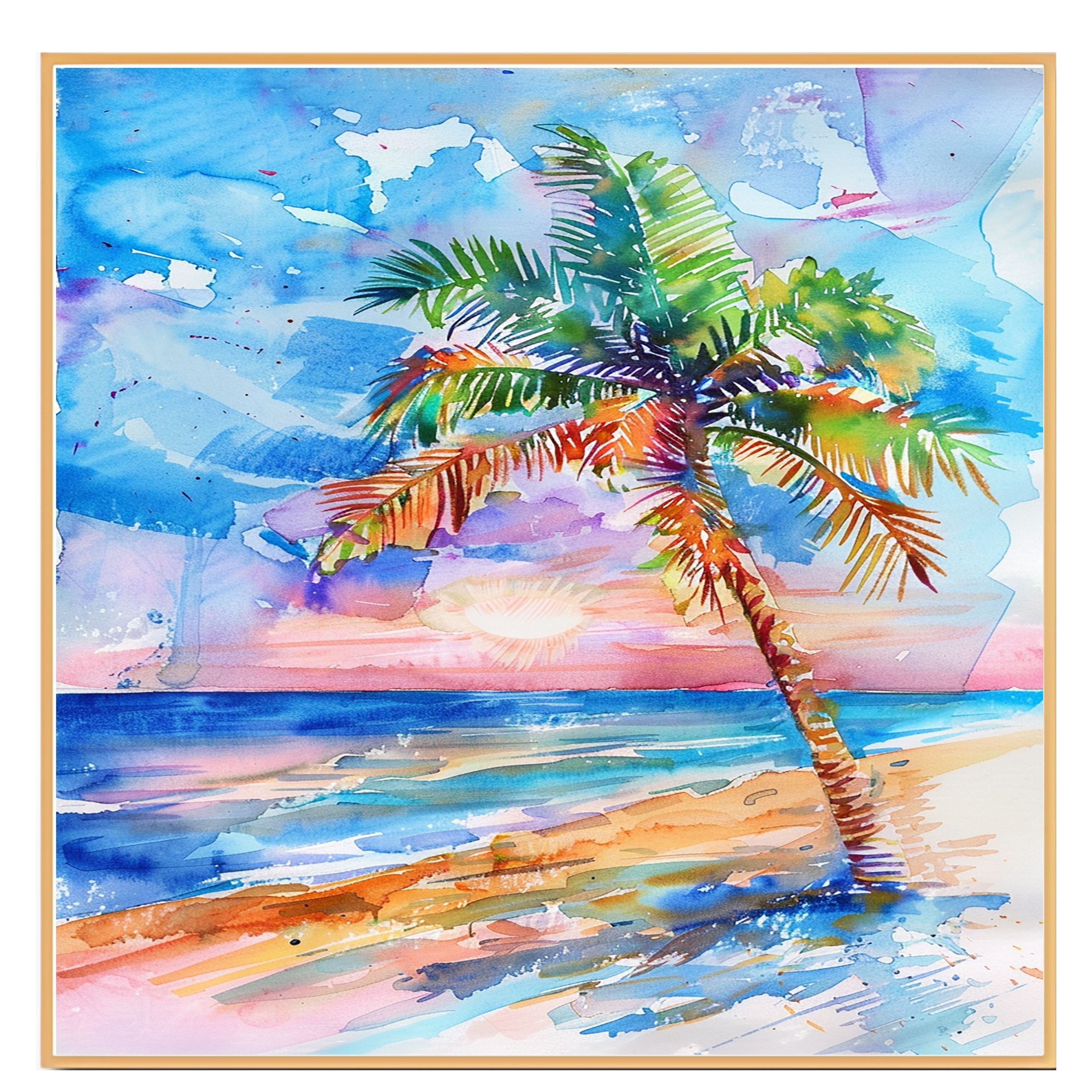Colorful Palm Tree at Sunset by the Ocean Watercolor Painting Beach Scene on Ready to Hang 1.5" Thick Canvas Wrap, Floating Framed Canvas, Flat Rolled Canvas