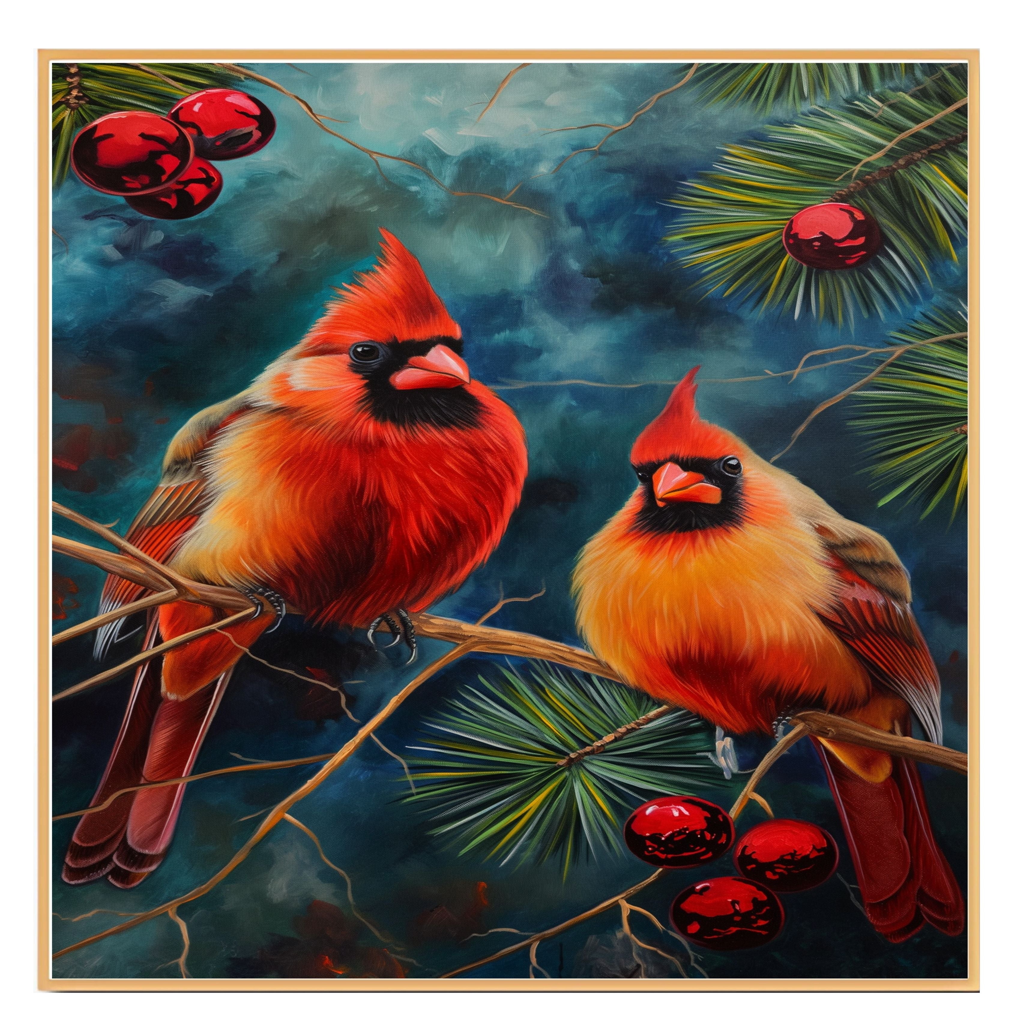 Christmas Cardinals on Pine Branch – Festive Red Birds with Ornaments in a Vibrant Winter Scene Painting Perfect for Seasonal and Nature-Inspired Displays on Ready to Hang 1.5" Thick Canvas Wrap, Floating Framed Canvas, Flat Rolled Canvas