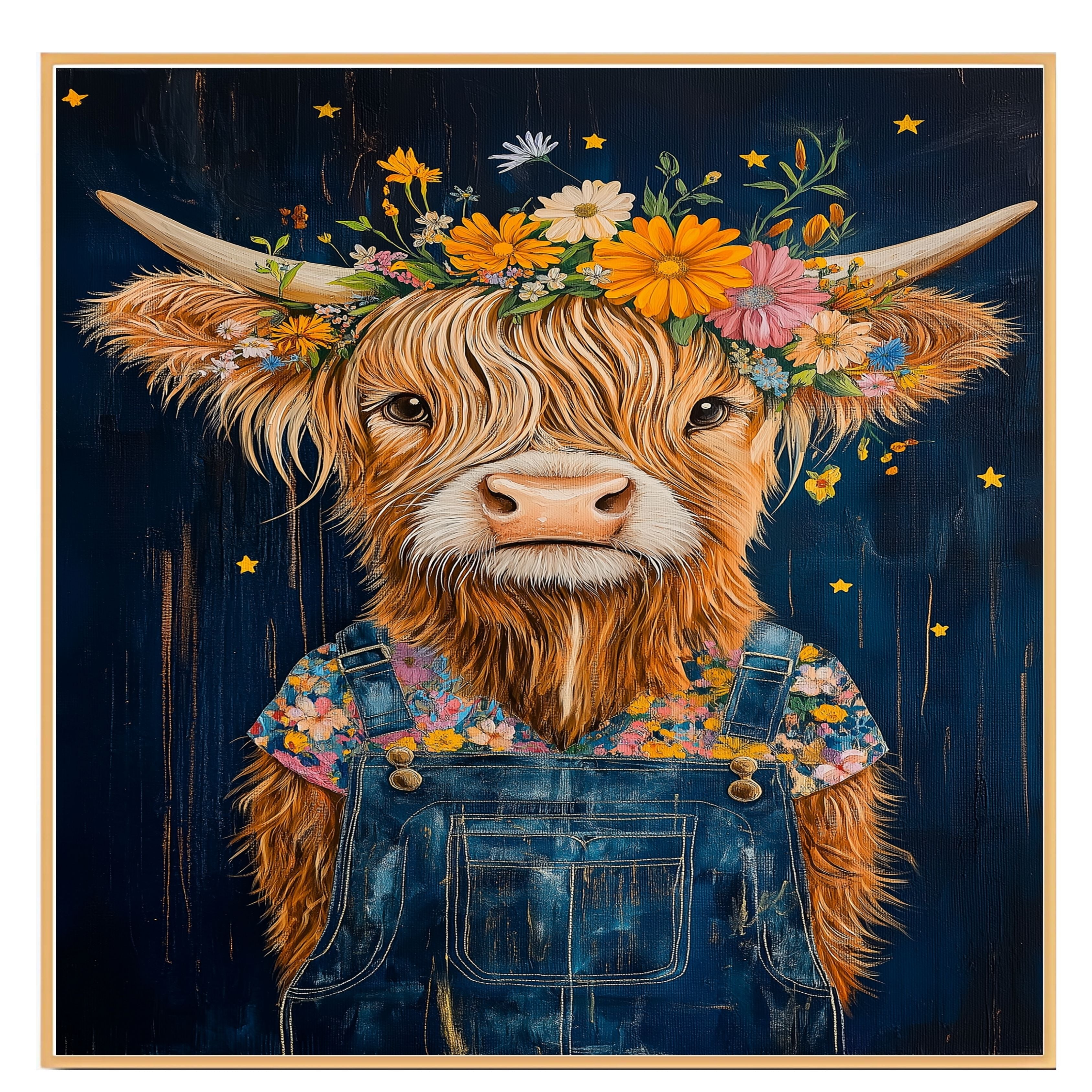 Happy Highland Cow in Overalls with Flower Crown Whimsical Hand Painted Floral Art Rustic Wall Decor for Farmhouse Kids Room Bedroom or Gift for Cow Lovers on Ready to Hang 1.5" Thick Canvas Wrap, Floating Framed Canvas, Flat Rolled Canvas