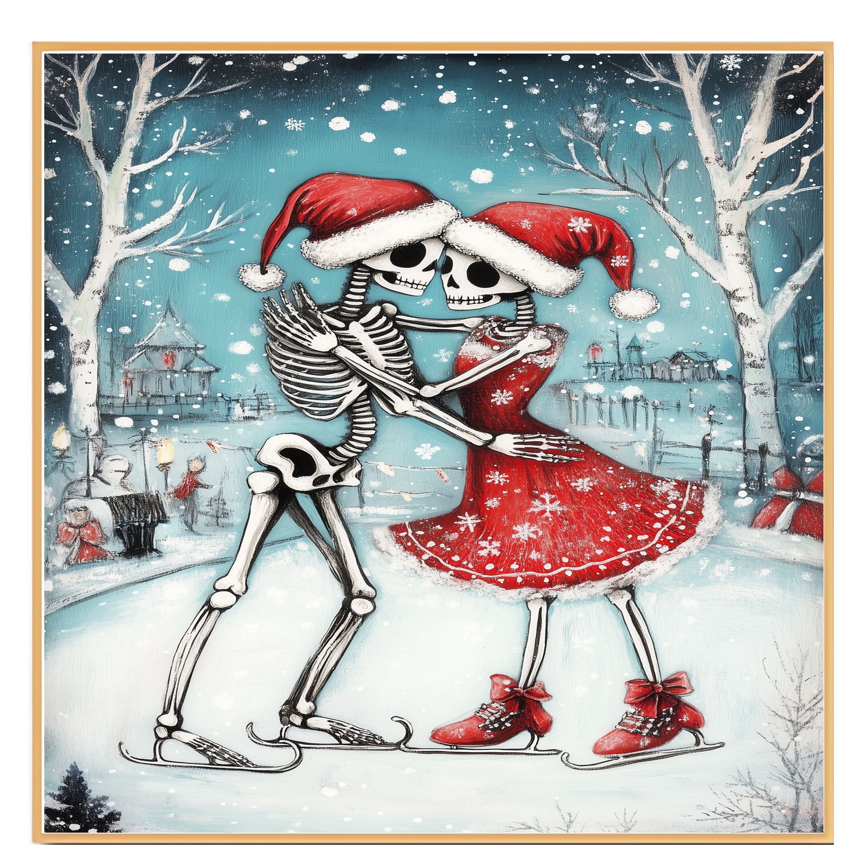Whimsical Skeleton Couple Ice Skating Christmas Art – Gothic Holiday Romance Wall Print, Festive Skeleton Love in Red Santa Hats, Spooky Cute Winter Decor on Ready to Hang 1.5" Thick Canvas Wrap, Floating Framed Canvas, Flat Rolled Canvas