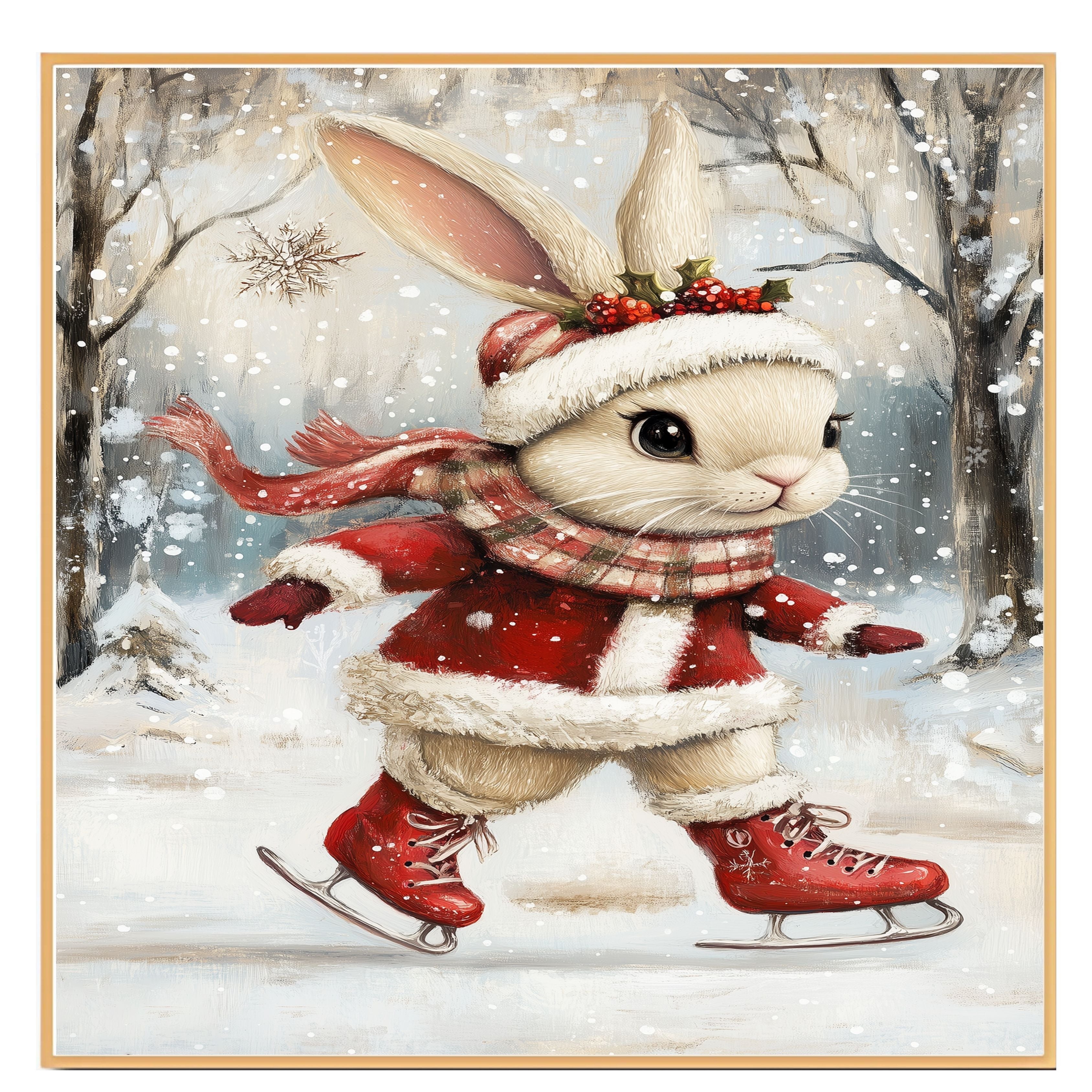 Christmas Wall Art Featuring Ice Skating Bunny in Red Coat and Holly Crown Whimsical Holiday Illustration for Winter Home Decor and Animal Lovers