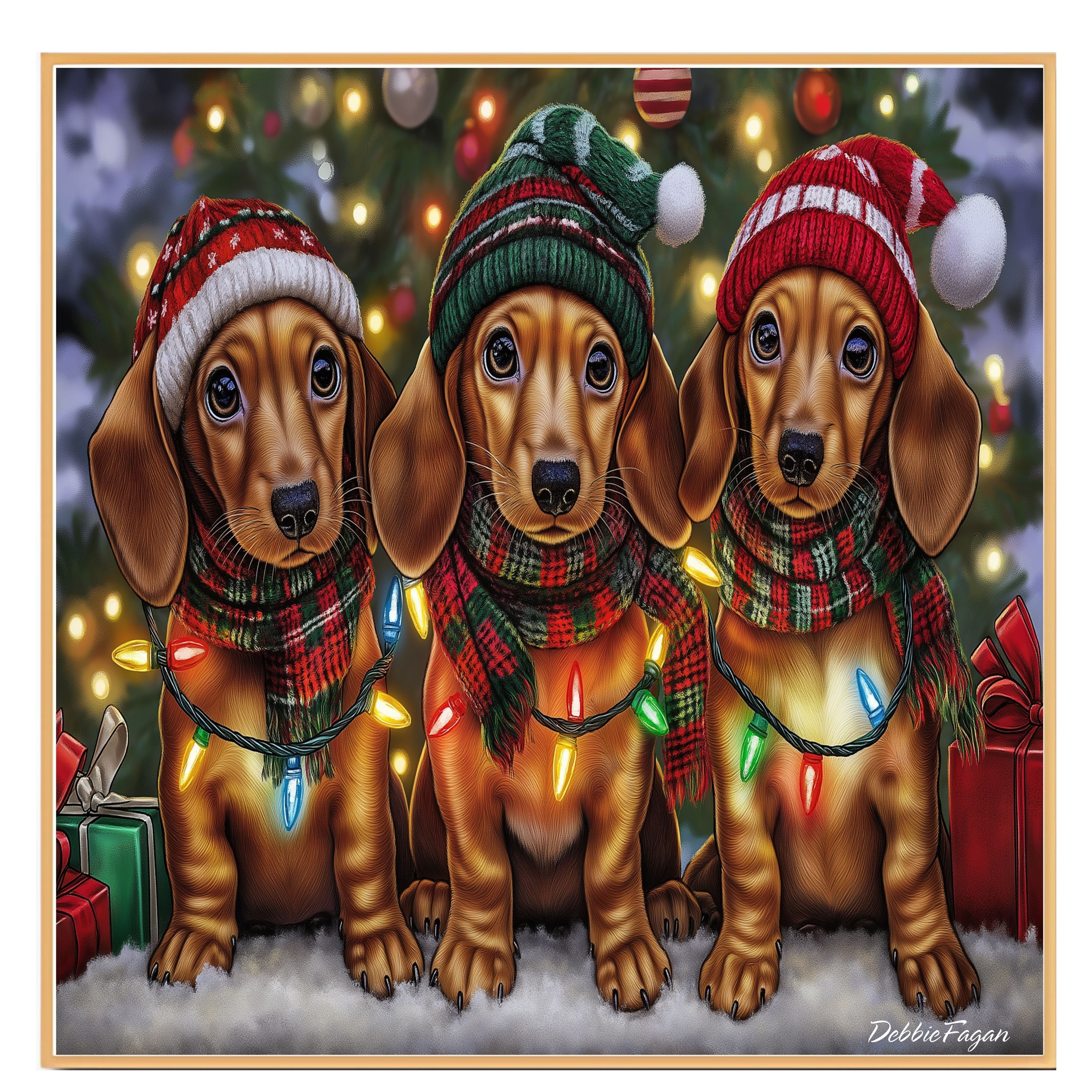 Christmas Canvas - "Dachshund Wonders" - Winter Pups Adorned in Cozy Outfits Wrapped in Festive Christmas Lights on Ready to Hang 1.5" Thick Canvas Wrap, Floating Framed Canvas, Flat Rolled Canvas