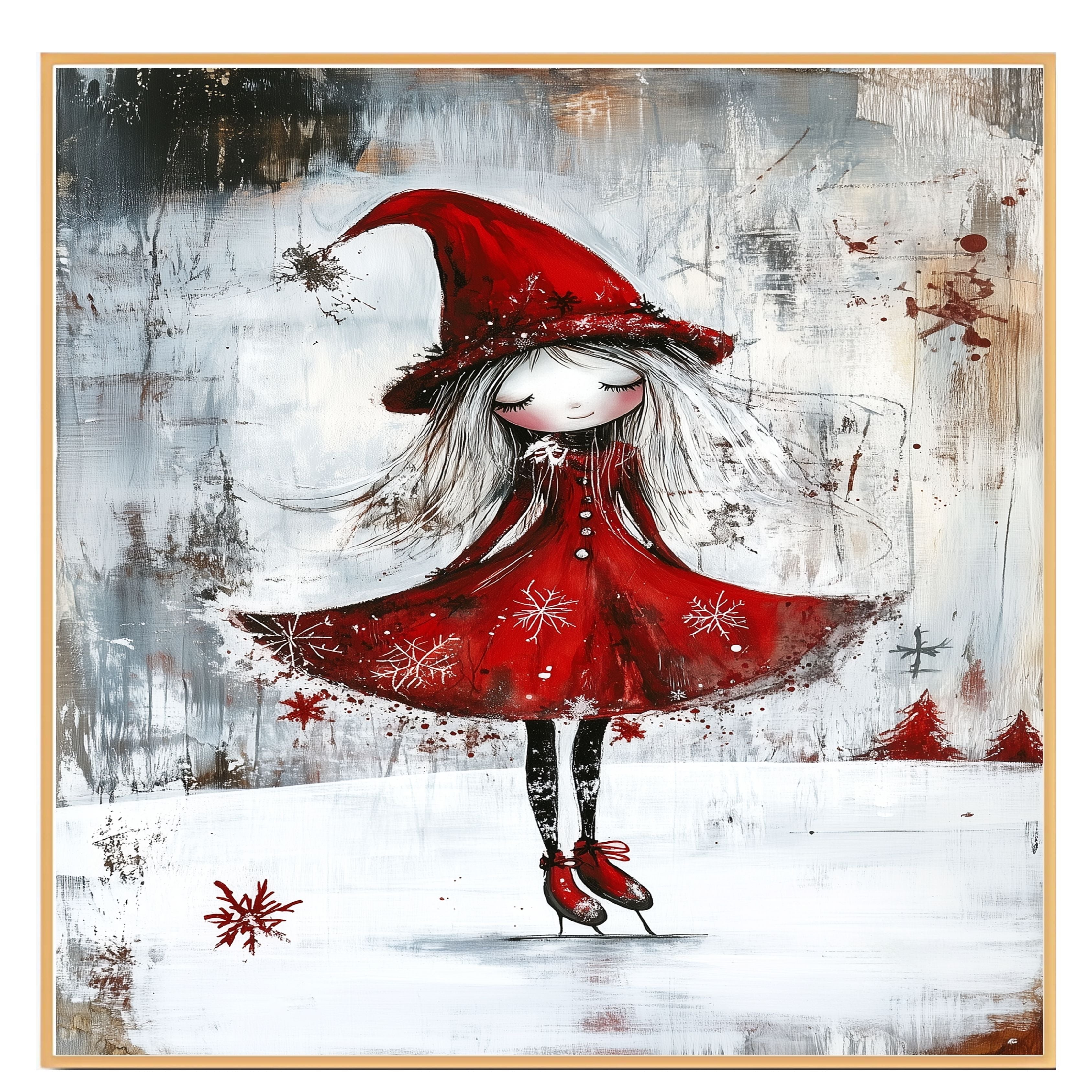 Whimsical Christmas Witch Ice Skating Print – Gothic Red Dress Winter Fairy Art, Magical Holiday Wall Decor, Snowy Enchanted Scene for Nursery or Gift on Ready to Hang 1.5" Thick Canvas Wrap, Floating Framed Canvas, Flat Rolled Canvas
