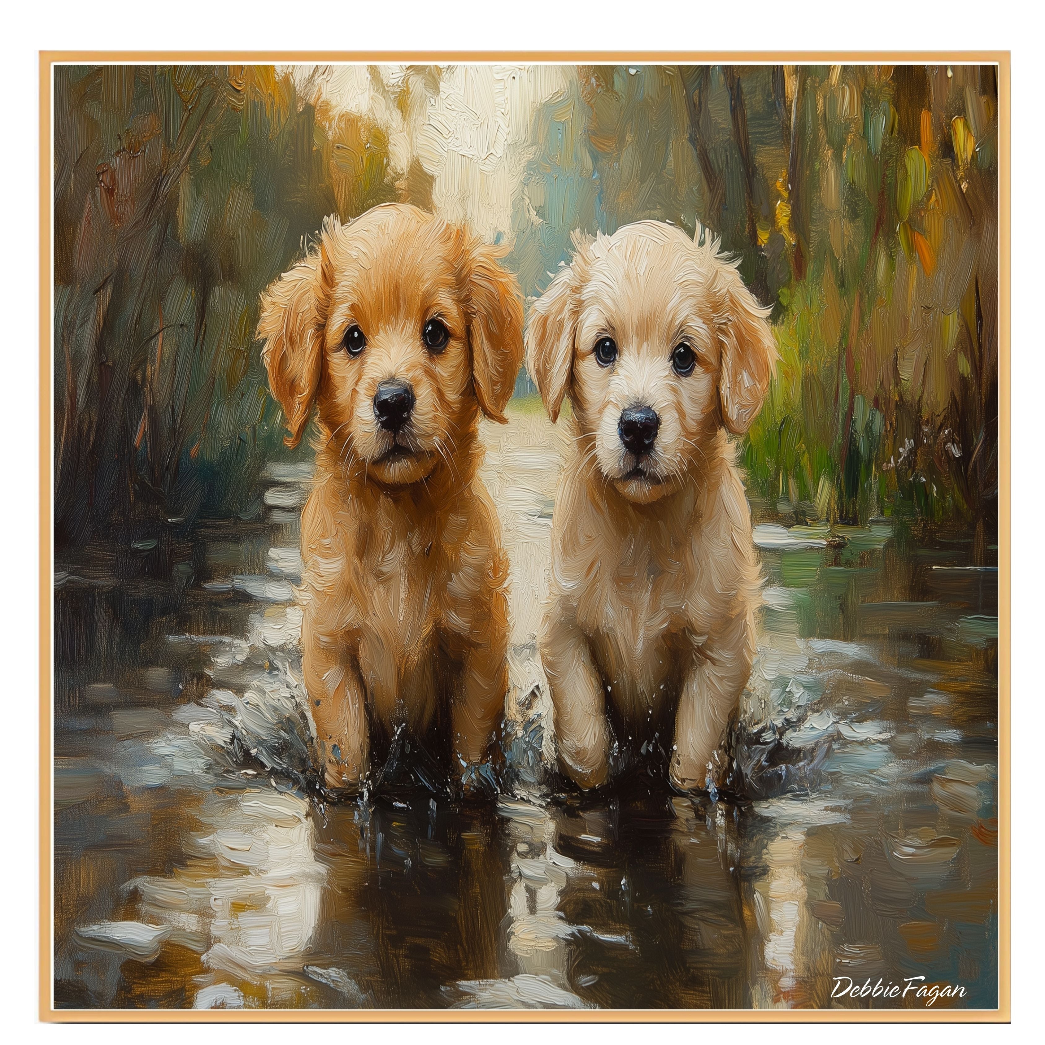 Adorable Puppies by the Pond – Impressionist Style Dog on Ready to Hang 1.5" Thick Canvas Wrap, Floating Framed Canvas, Flat Rolled Canvas