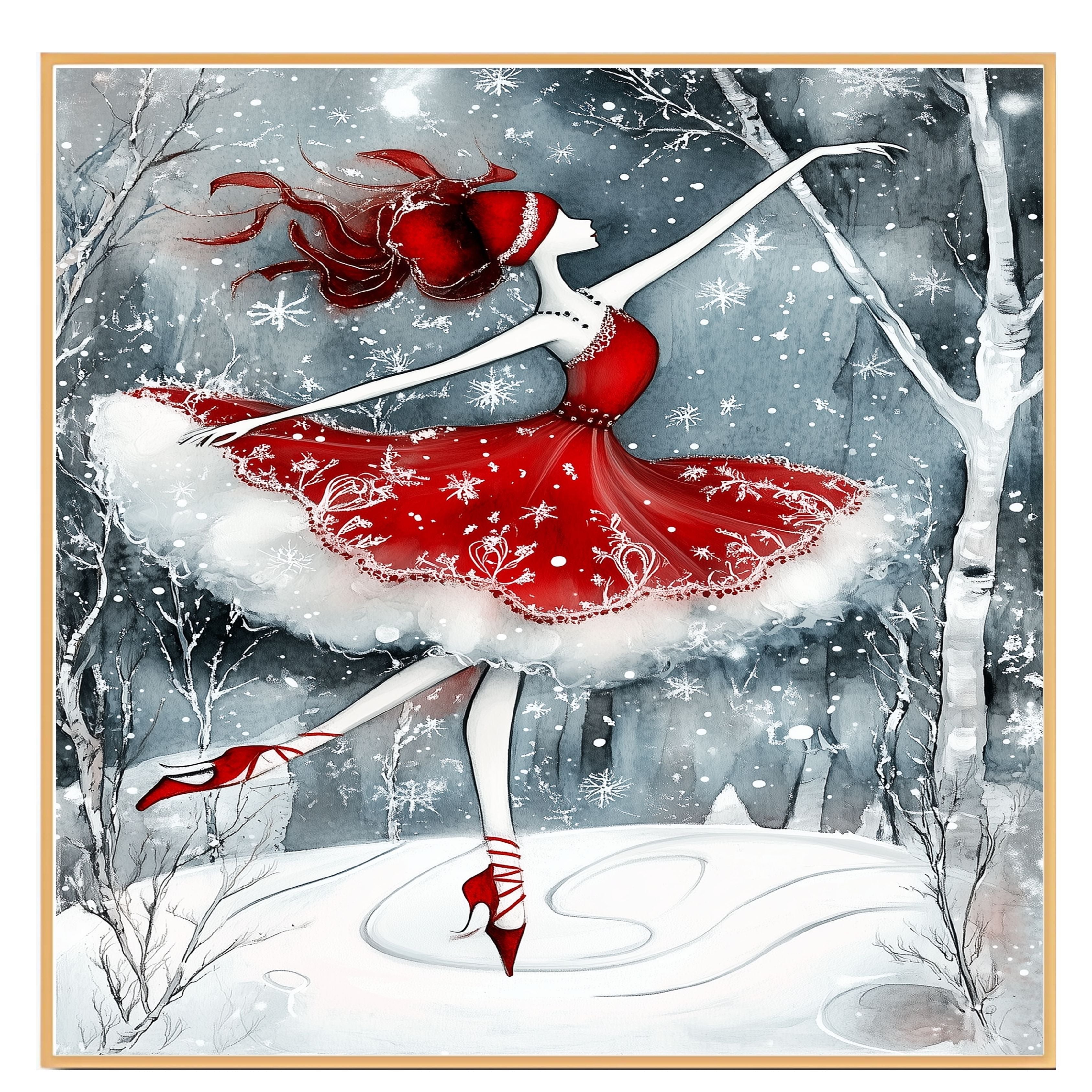 Christmas Wall Art Featuring Whimsical Ballerina in Red Skating in Snowy Forest Enchanting Holiday Artwork for Winter Decor Ballet Fans and Seasonal Elegance on Ready to Hang 1.5" Thick Canvas Wrap, Floating Framed Canvas, Flat Rolled Canvas