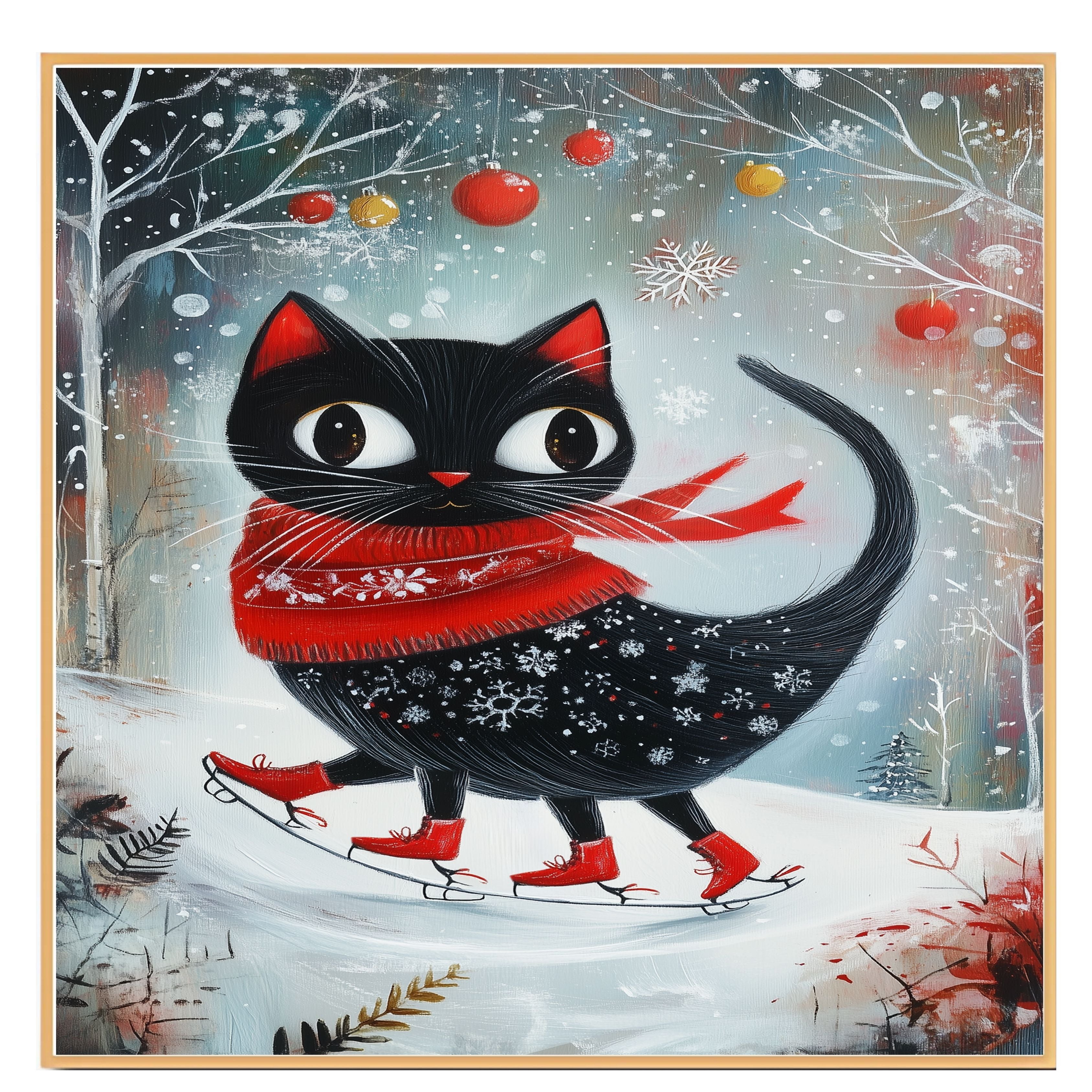 Christmas Wall Art Featuring Big-Eyed Black Cat Ice Skating in Snowy Forest with Red Scarf and Boots Whimsical Holiday Illustration for Winter Decor and Cat Lovers on Ready to Hang 1.5" Thick Canvas Wrap, Floating Framed Canvas, Flat Rolled Canvas