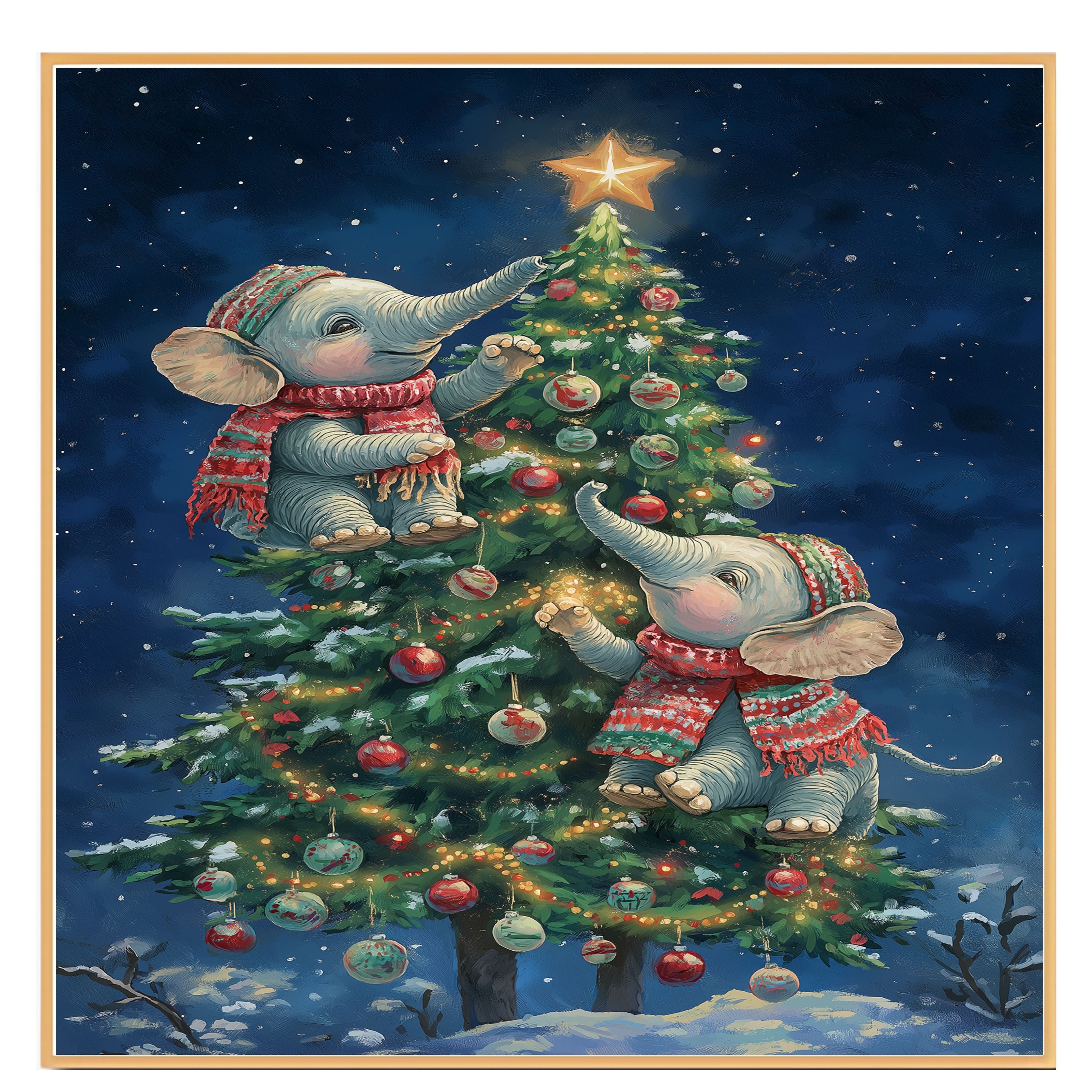 Christmas Baby Elephants Decorating Tree with Star and Ornaments in Snowy Night Scene Holiday Art Print for Nursery or Cozy Winter Home Decor on Ready to Hang 1.5" Thick Canvas Wrap, Floating Framed Canvas, Flat Rolled Canvas