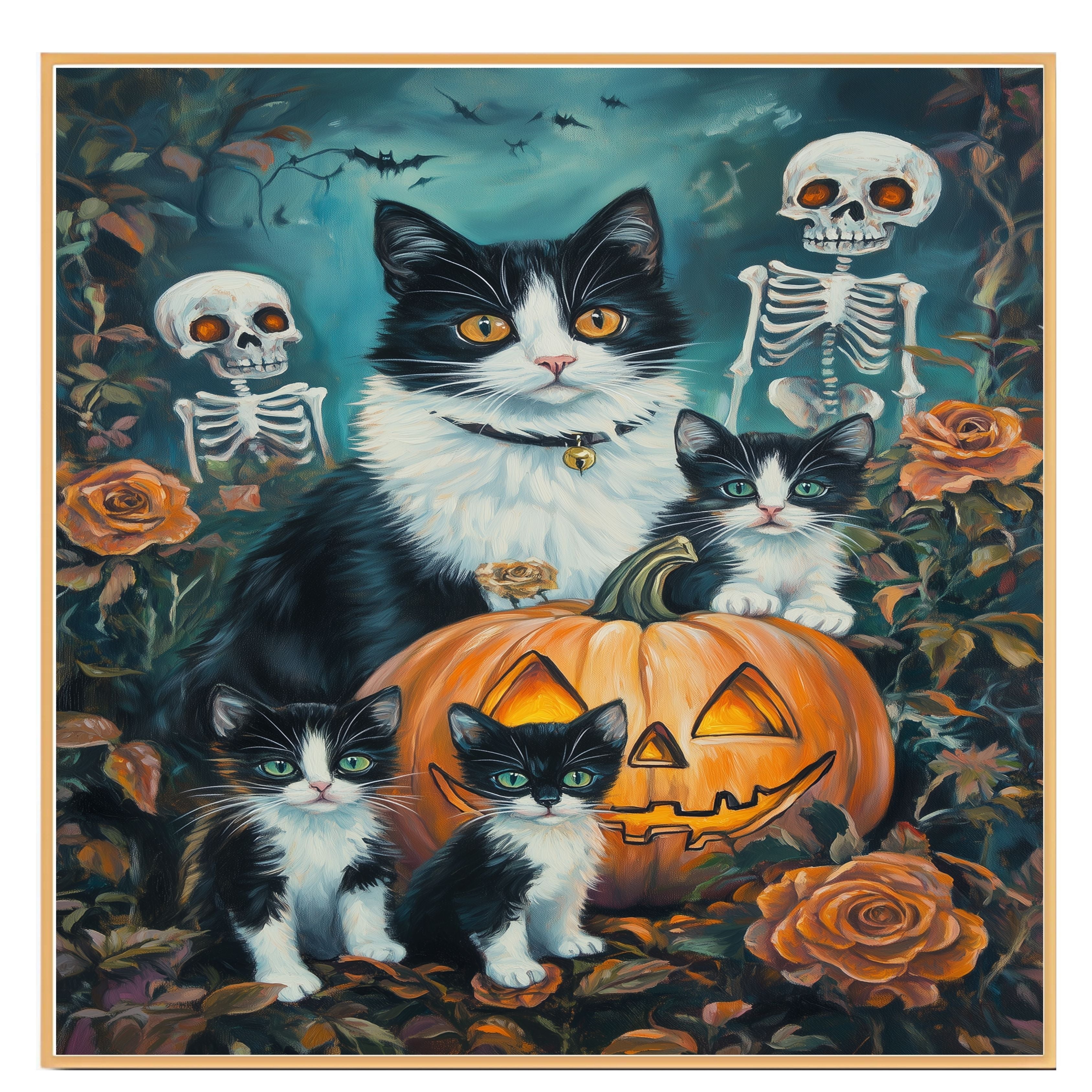 Haunting Whiskers: Tuxedo Cat Mom and Three Kittens in a Spooky Forest on Ready to Hang 1.5" Thick Canvas Wrap, Floating Framed Canvas, Flat Rolled Canvas