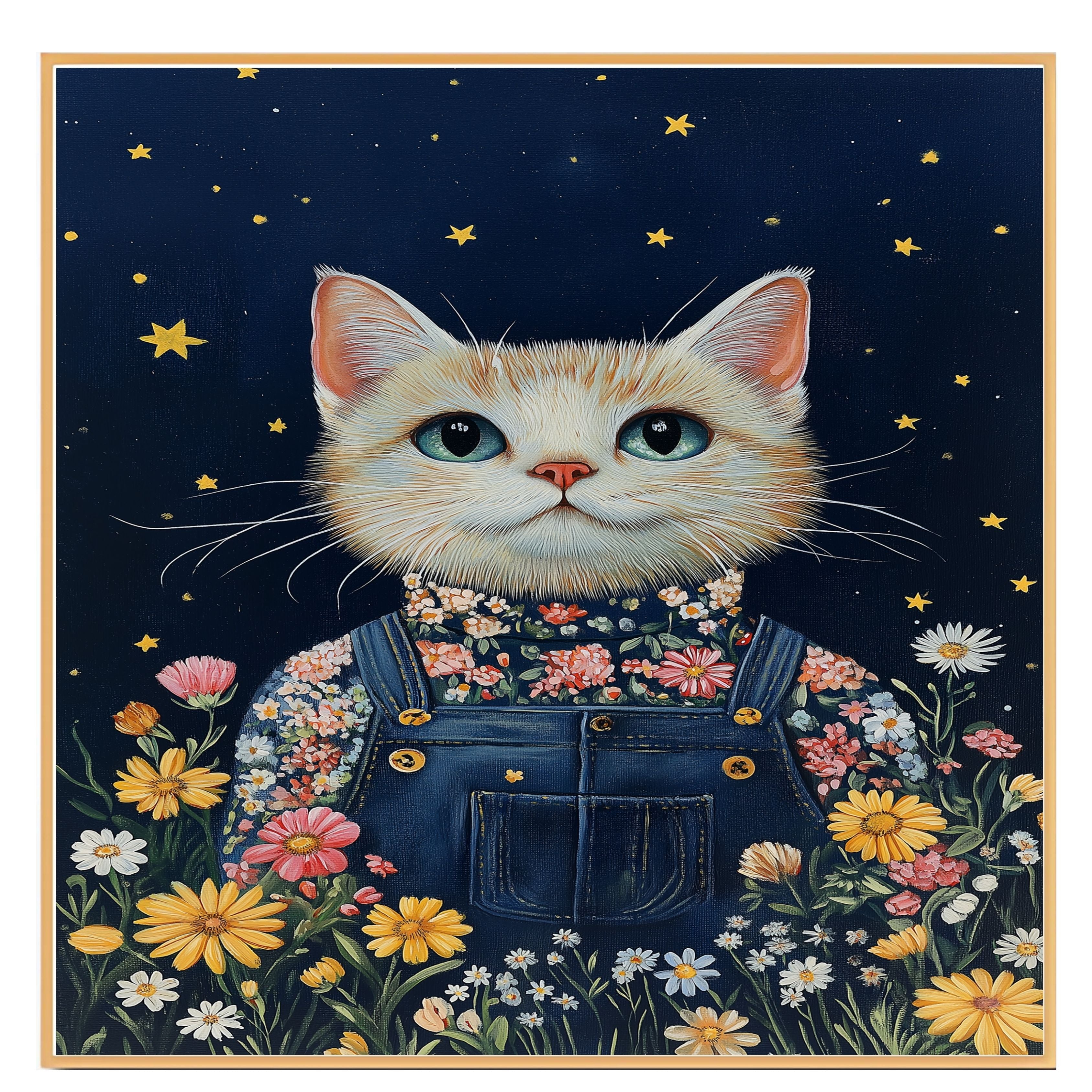 Charming White Cat in Floral Overalls Hand Painted Art Magical Starry Night Scene Perfect for Nursery Kids Room Home Wall Decor Bedroom or Animal Lovers Gift on Ready to Hang 1.5" Thick Canvas Wrap, Floating Framed Canvas, Flat Rolled Canvas