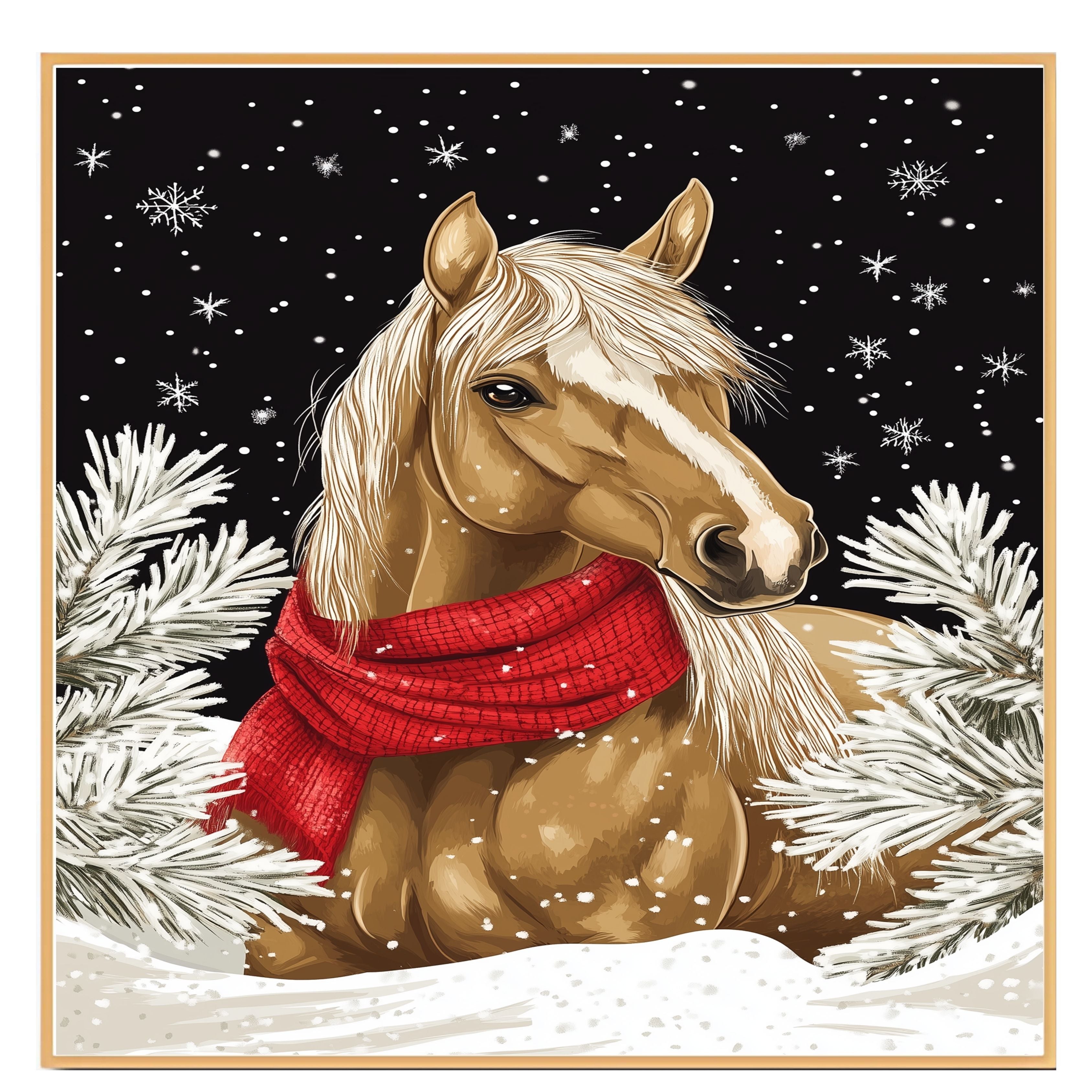 "Winter Whisper Horse" - Horse in Red Scarf in Serene Snowy Landscape on Ready to Hang 1.5" Thick Canvas Wrap, Floating Framed Canvas, Flat Rolled Canvas