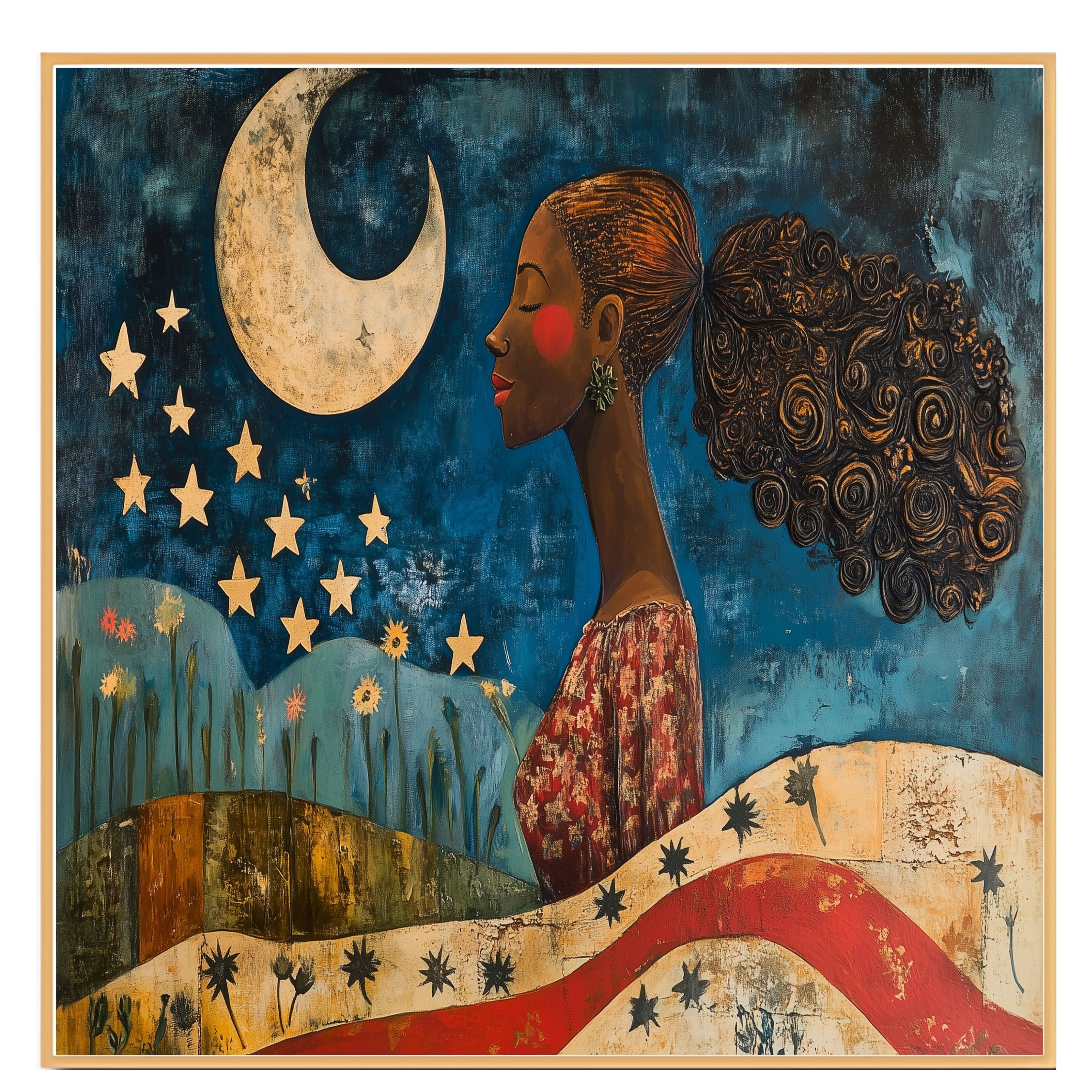 Powerful Woman Under Crescent Moon and Stars with Patriotic Motif, Folk Art Style 4th of July Scene Celebrating Strength, Nature, and Freedom on Ready to Hang 1.5" Thick Canvas Wrap, Floating Framed Canvas, Flat Rolled Canvas