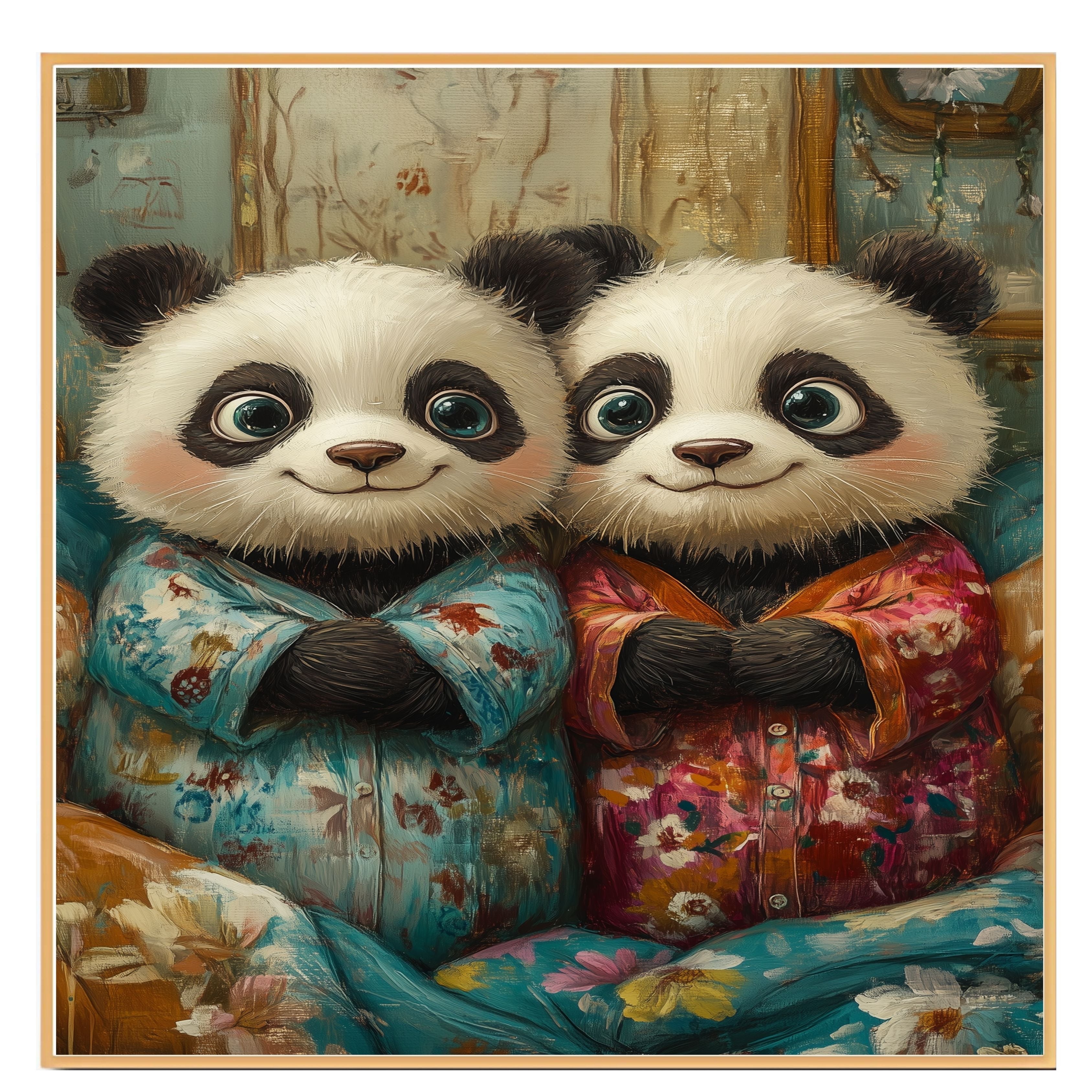 Adorable Painting of Two Happy Panda Bears in Floral Pajamas Sitting Together with Big Eyes and Gentle Smiles in a Soft Whimsical Style on Ready to Hang 1.5" Thick Canvas Wrap, Floating Framed Canvas, Flat Rolled Canvas