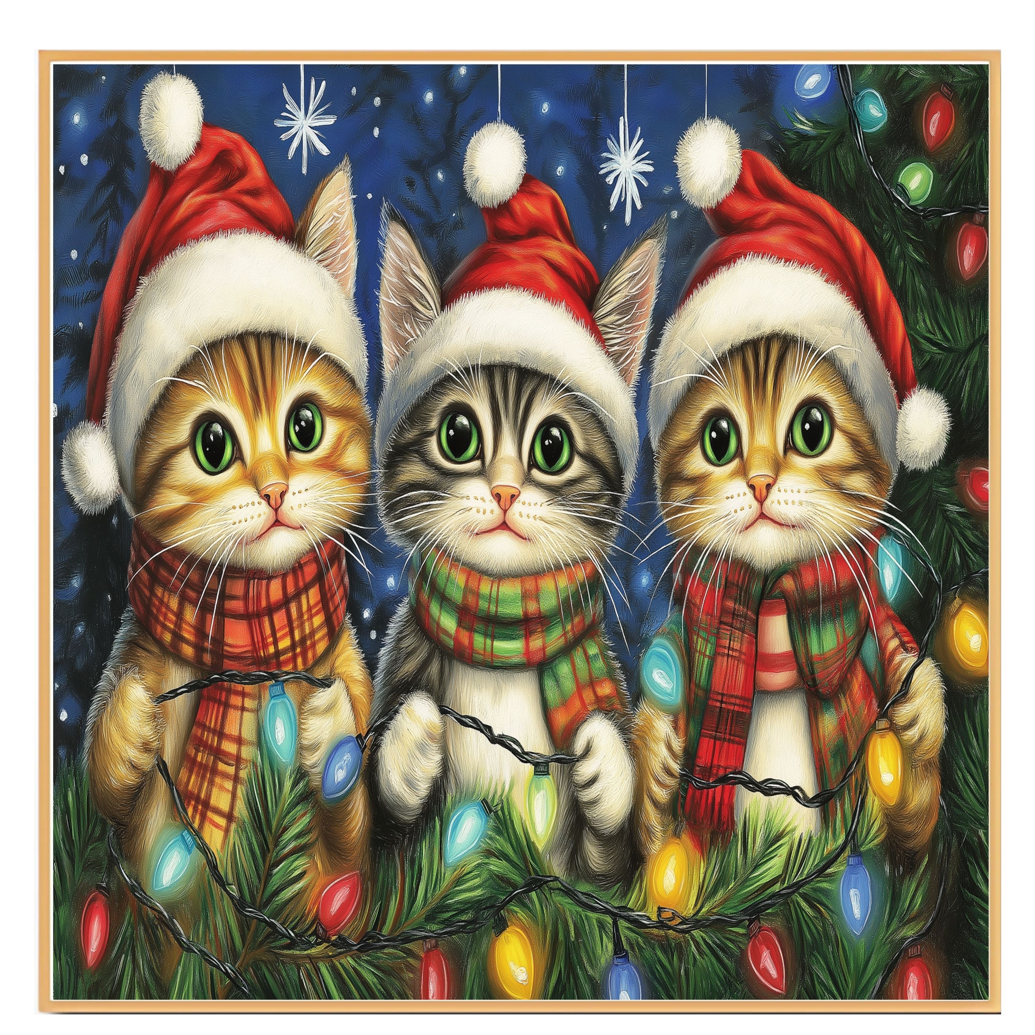 Christmas Kitten Art Print with Three Cute Cats in Santa Hats and Scarves Hand Drawn Holiday Cat Illustration for Festive Gift or Cozy Winter Home Decor on Ready to Hang 1.5" Thick Canvas Wrap, Floating Framed Canvas, Flat Rolled Canvas