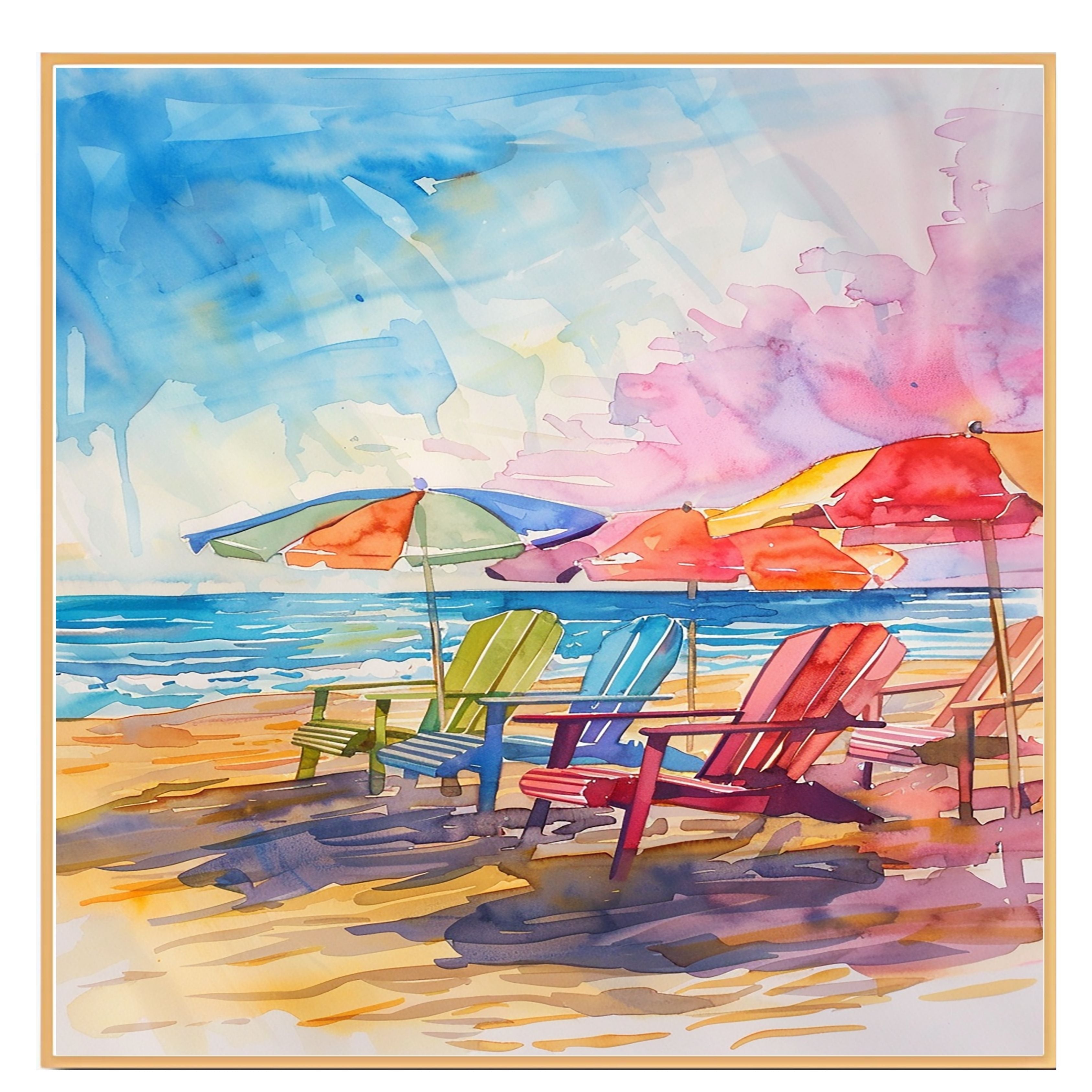 Colorful Watercolor Beach Chairs & Umbrellas Painting – Coastal Ocean Scene on Ready to Hang 1.5" Thick Canvas Wrap, Floating Framed Canvas, Flat Rolled Canvas