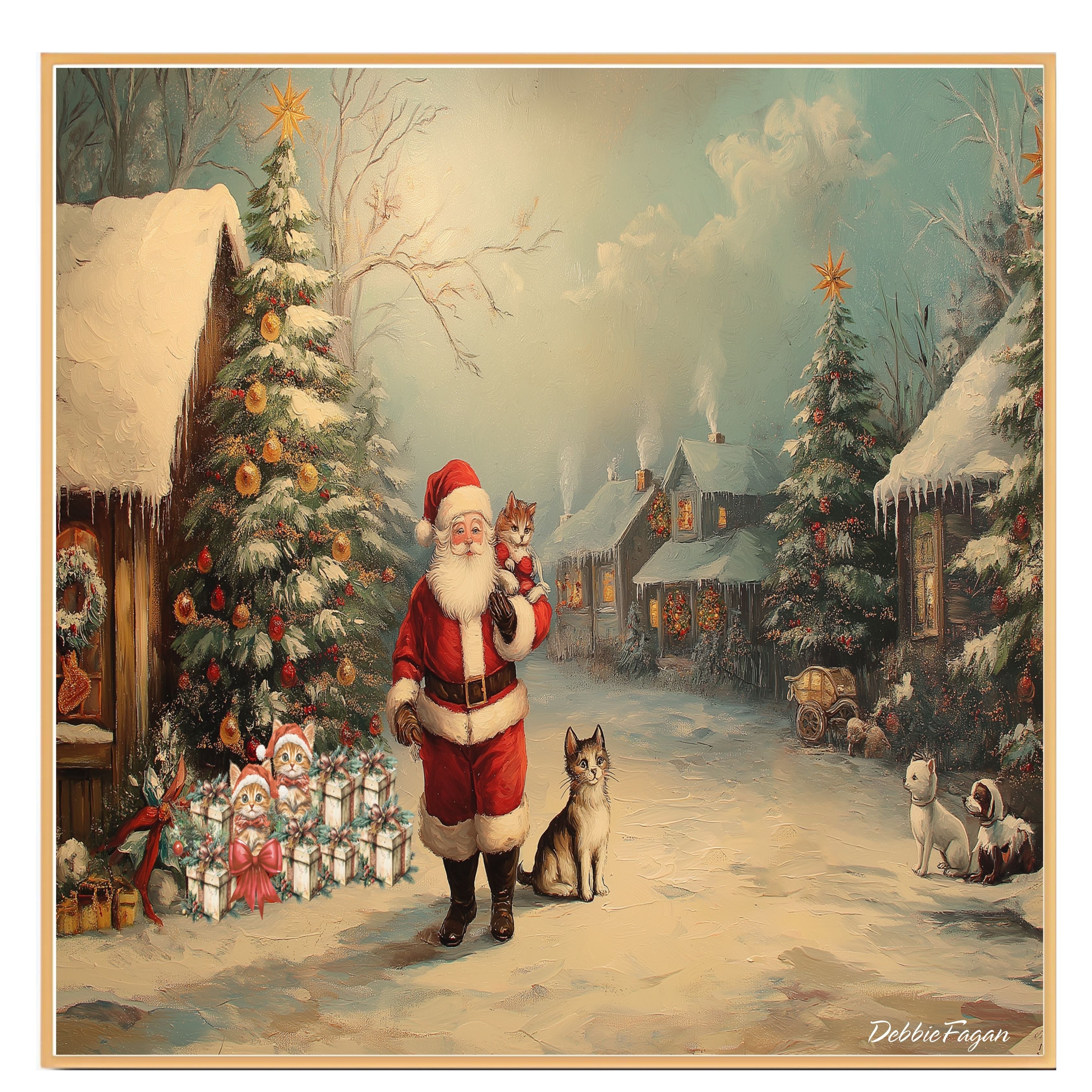 ÒPaws and Claws Christmas VillageÓ - Santa Surrounded by Furry Friends in a Festive Pet-Friendly Wonderland on Ready to Hang 1.5" Thick Canvas Wrap, Floating Framed Canvas, Flat Rolled Canvas