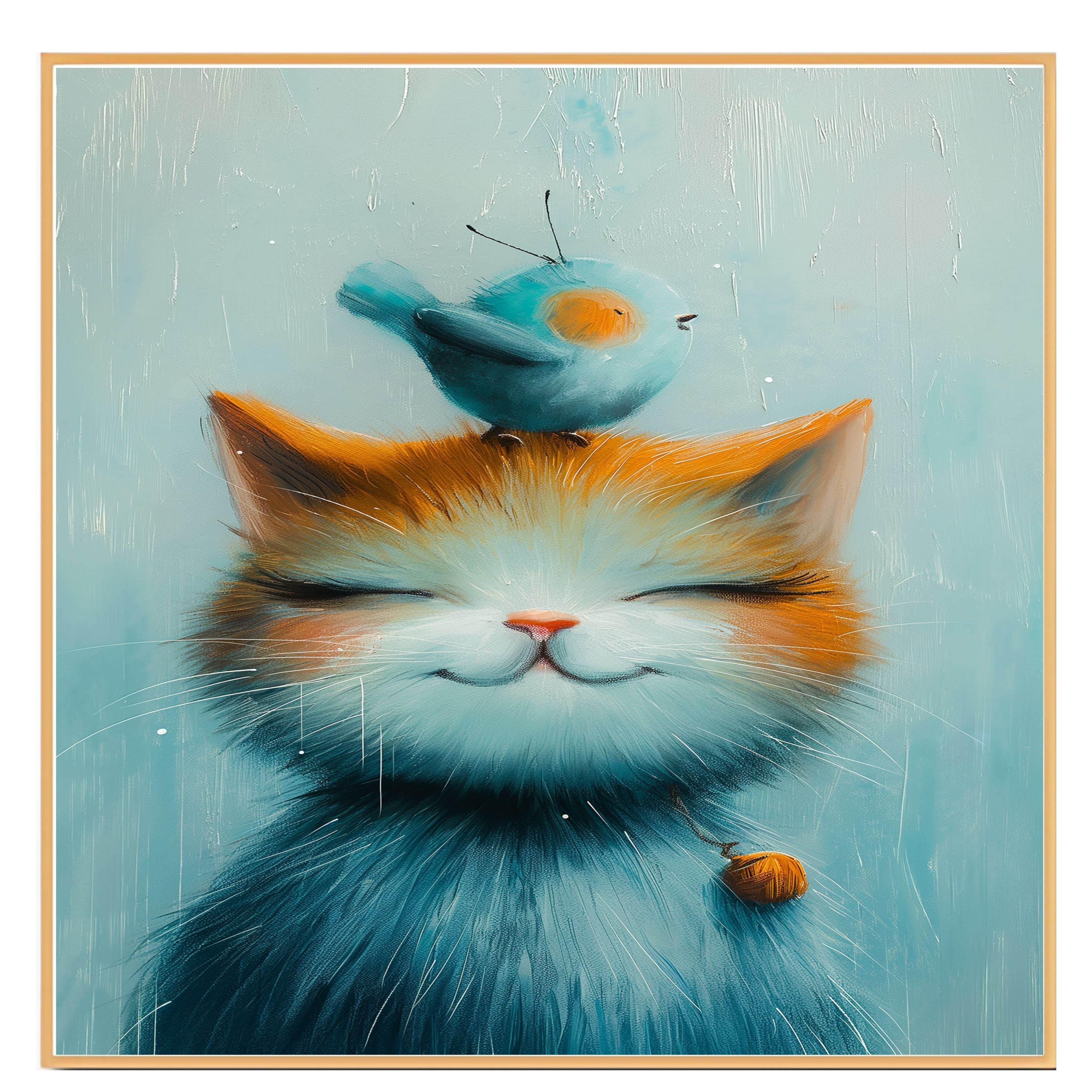 Adorable Painting of a Smiling Kitten with a Blue Bird on Its Head and Bell Collar Ideal for Whimsical Nursery Decor or Cat and Animal Lovers' Gifts on Ready to Hang 1.5" Thick Canvas Wrap, Floating Framed Canvas, Flat Rolled Canvas