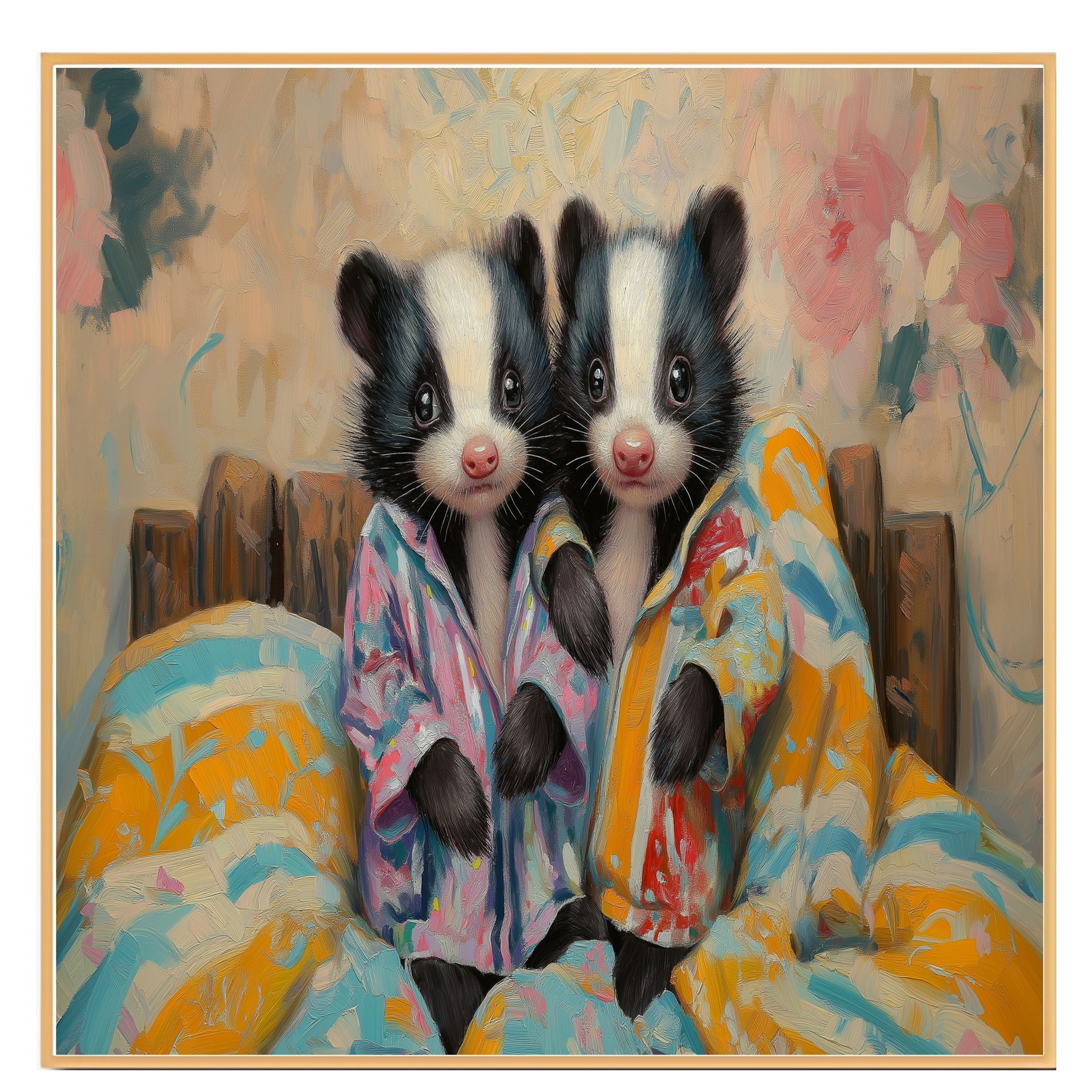 Charming Painting of Two Baby Skunks in Pajamas Sitting on a Colorful Bed with Warm Expressions and Floral Background in a Cozy Whimsical Setting on Ready to Hang 1.5" Thick Canvas Wrap, Floating Framed Canvas, Flat Rolled Canvas