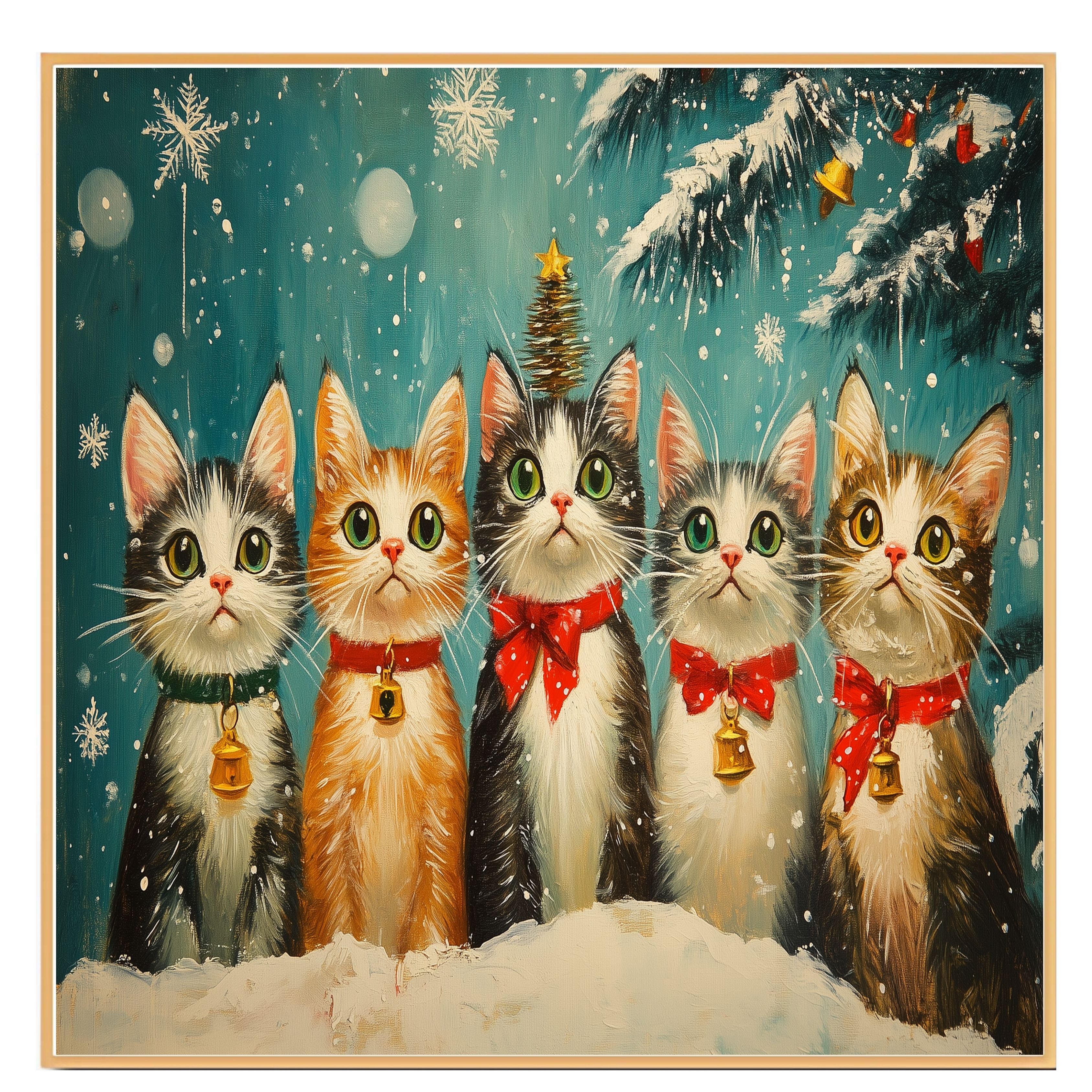 "Frosty Fun: Five Kittens in a Winter Wonderland" Ð Cutie Cats in the Snow on Ready to Hang 1.5" Thick Canvas Wrap, Floating Framed Canvas, Flat Rolled Canvas