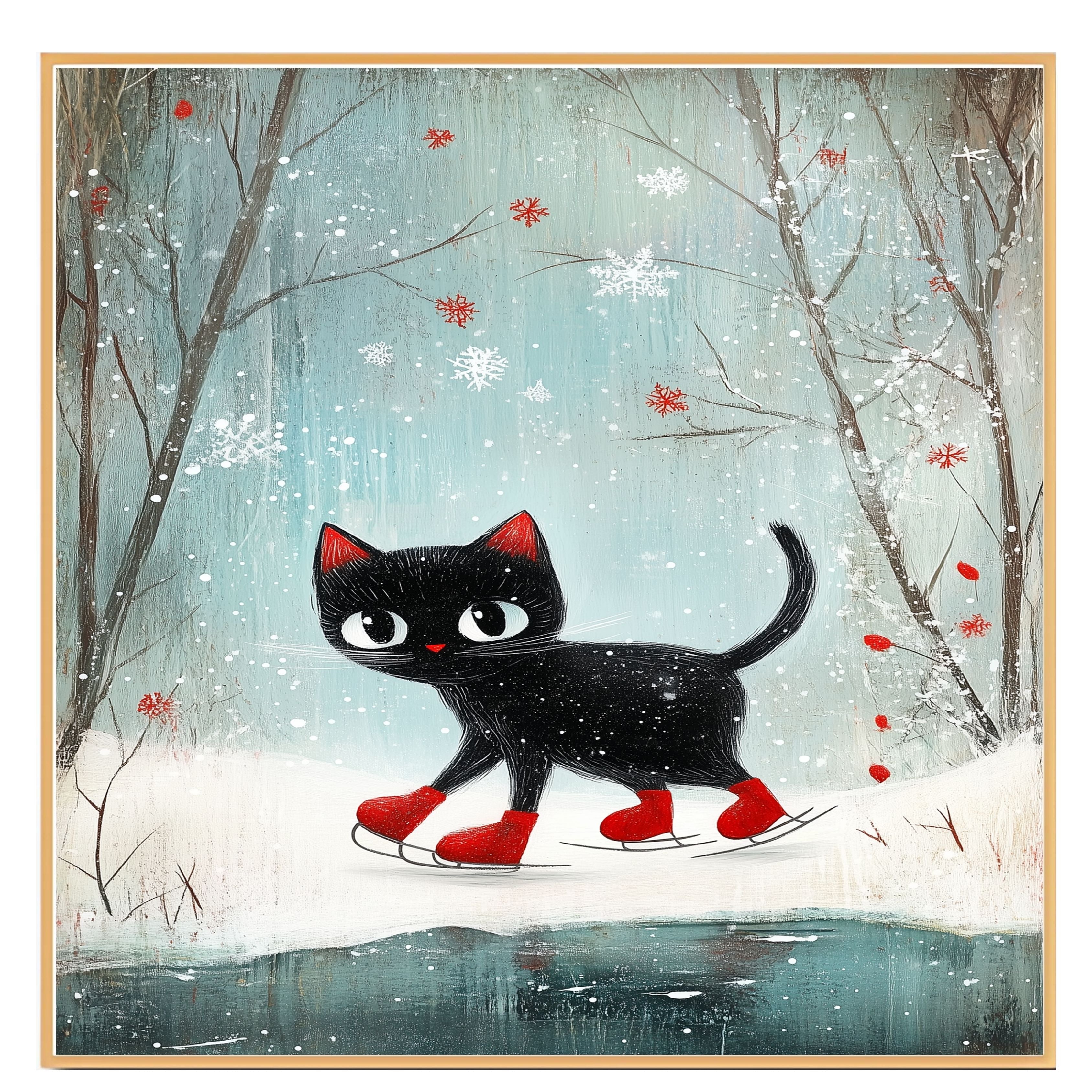 Christmas Wall Art Featuring Black Cat in Red Skates Gliding on Ice in Snowy Forest Whimsical Holiday Illustration Perfect for Cat Lovers and Winter Home Decor on Ready to Hang 1.5" Thick Canvas Wrap, Floating Framed Canvas, Flat Rolled Canvas