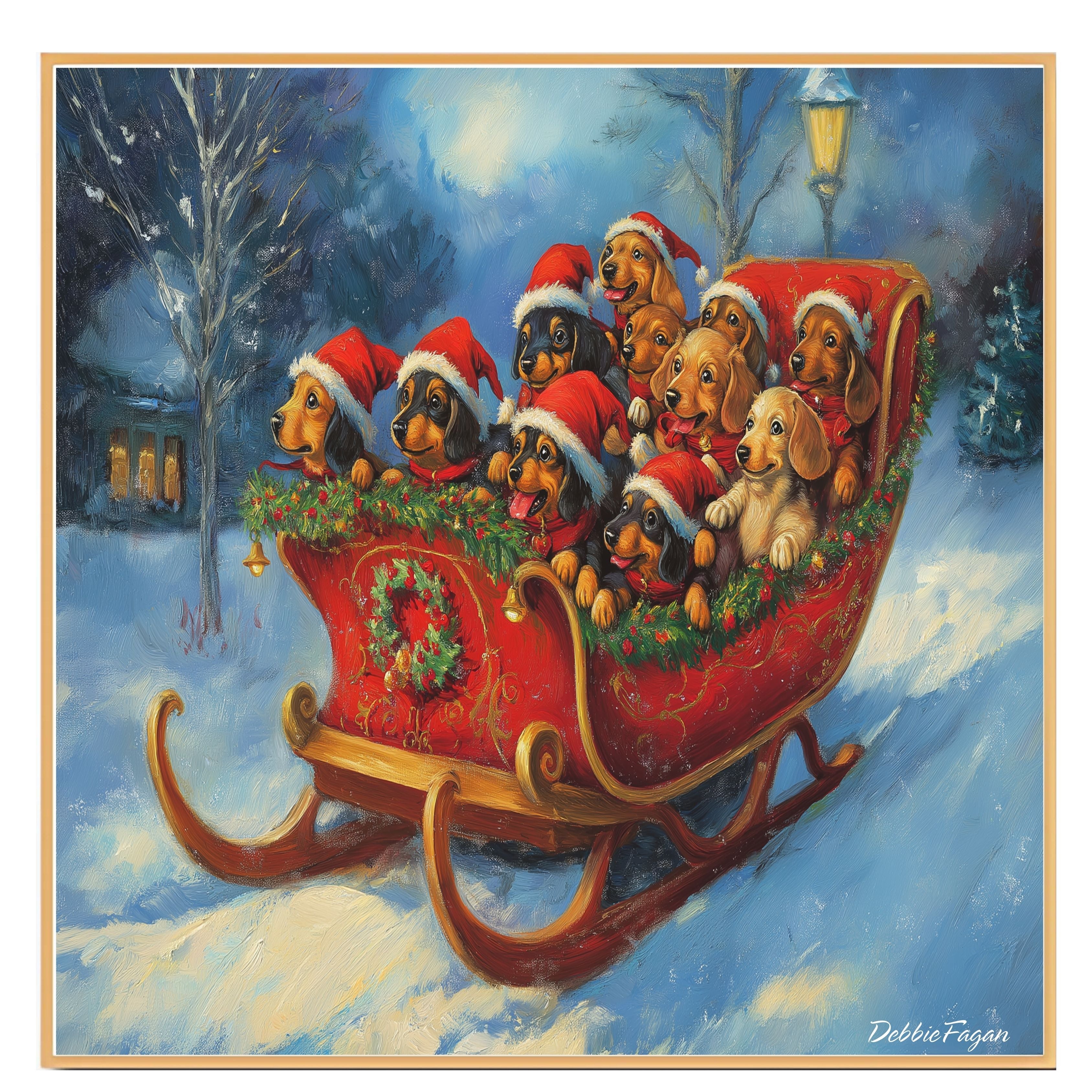 Doxie Christmas Canvas  - "Dashing Through the Snow" - Dachshund Puppies in Santa Hats Sleighing Adventure on Ready to Hang 1.5" Thick Canvas Wrap, Floating Framed Canvas, Flat Rolled Canvas