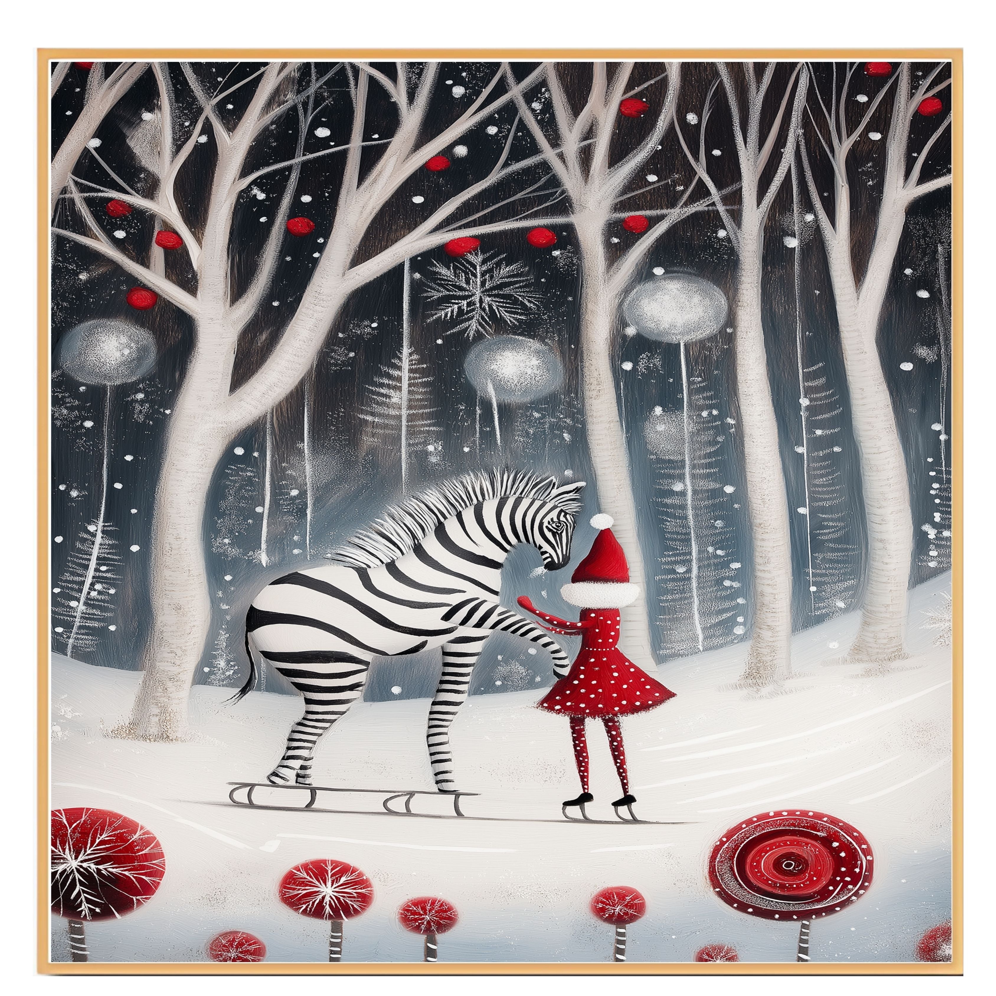 Enchanted Christmas Zebra Ice Skating Print – Whimsical Winter Art with Girl in Red Dress, Snowy Forest Holiday Decor, Fantasy Animal Illustration on Ready to Hang 1.5" Thick Canvas Wrap, Floating Framed Canvas, Flat Rolled Canvas