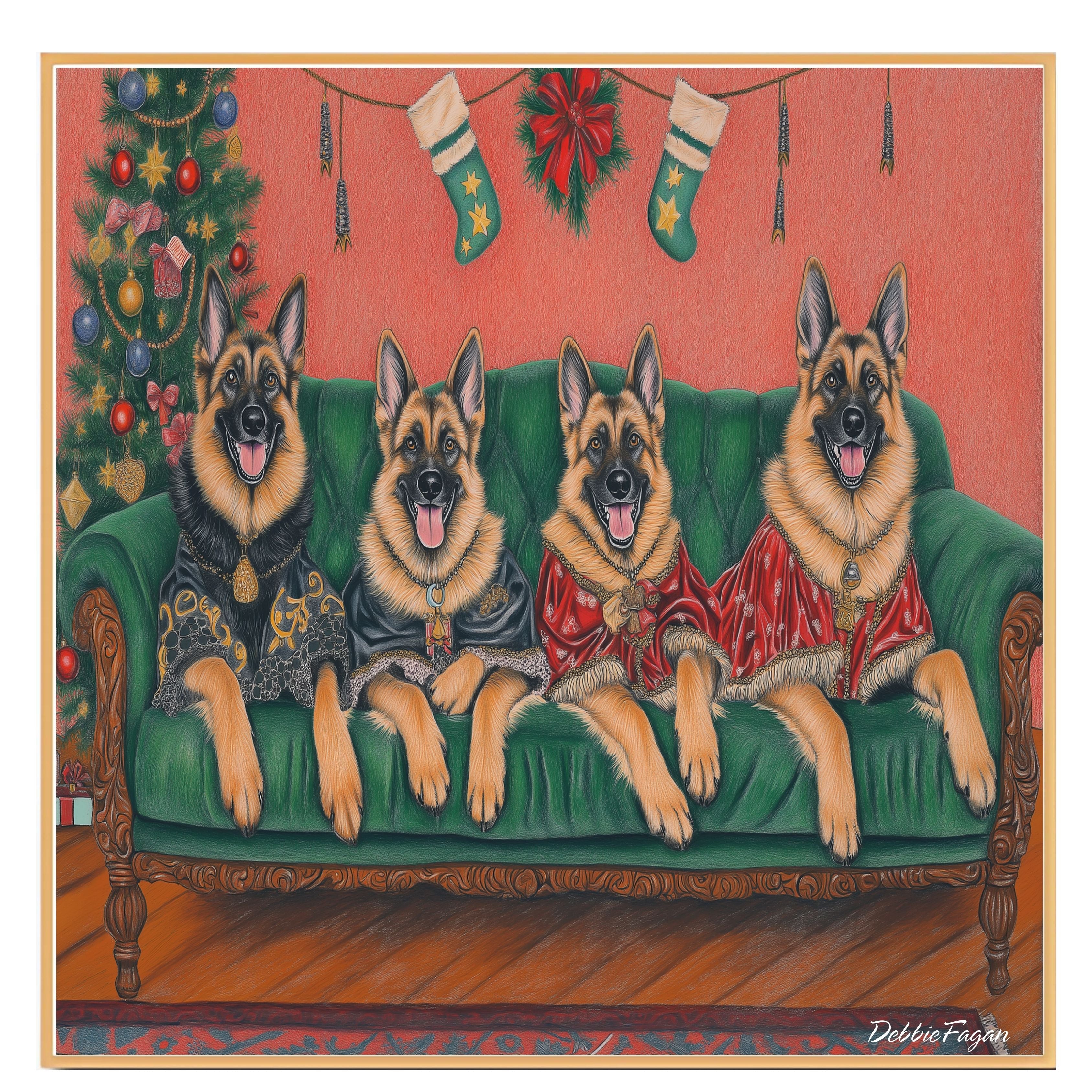 Dog Christmas Canvas - "Victorian Yuletide Splendor" - Majestic German Shepherds Amidst a Festive Winter Wonderland on Ready to Hang 1.5" Thick Canvas Wrap, Floating Framed Canvas, Flat Rolled Canvas